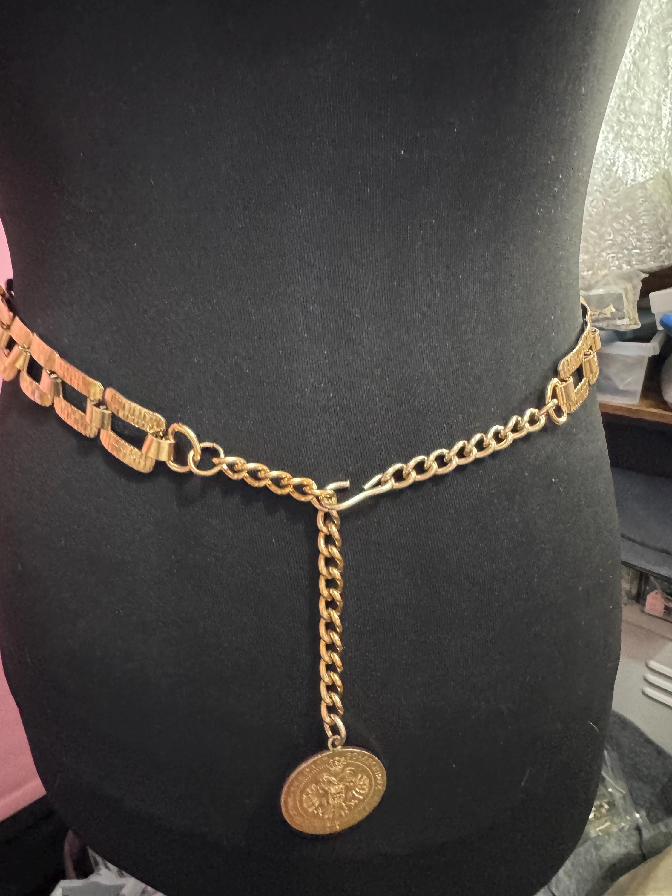 gold coin drop chain belt, fits 81 to 95cm 70s britalist vintage fashion