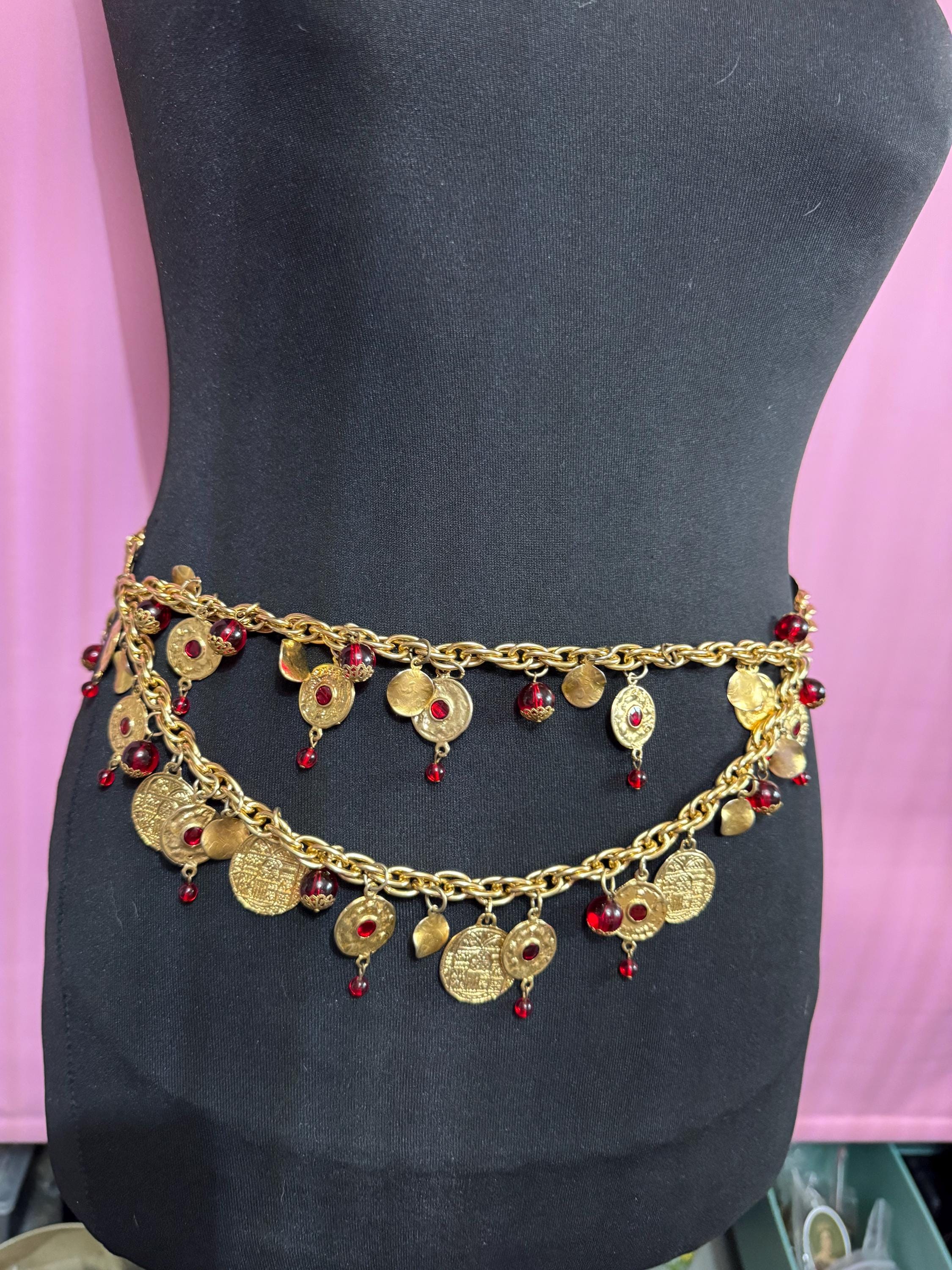 Roman gold coin chain belt, with red beads fits to 108cm vintage fashion belly dancing