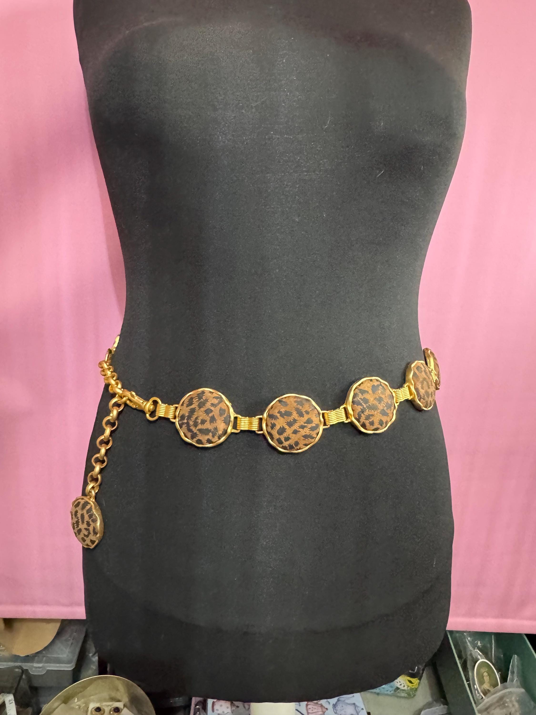 Matt gold animal print chain belt, fits 83 to 97cm chunky brown panel retro fashion