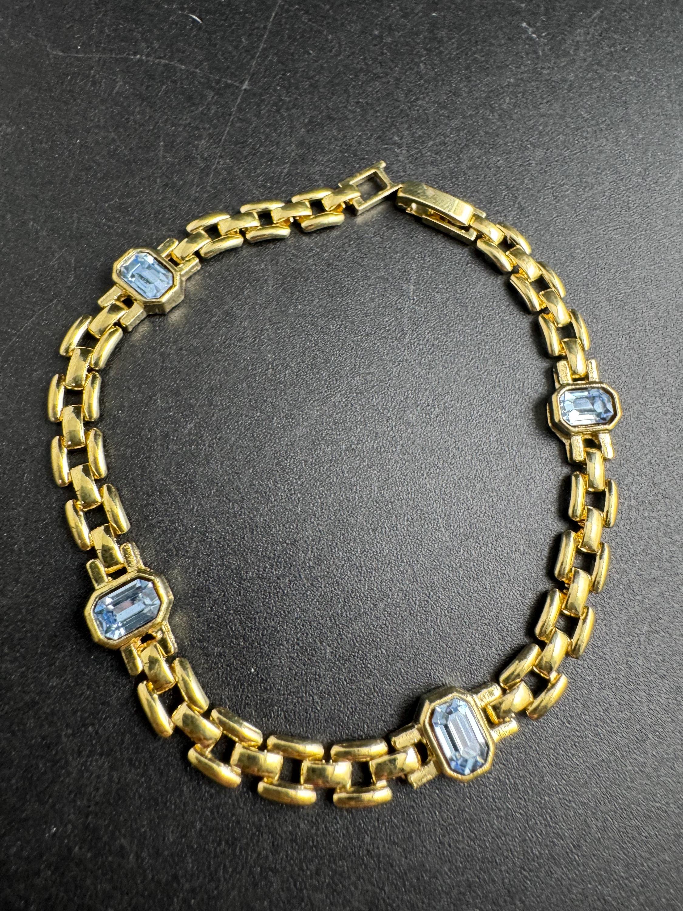Slim Panther link rhinestone bracelet, light sapphire blue octagon Swarovski crystals gold plated