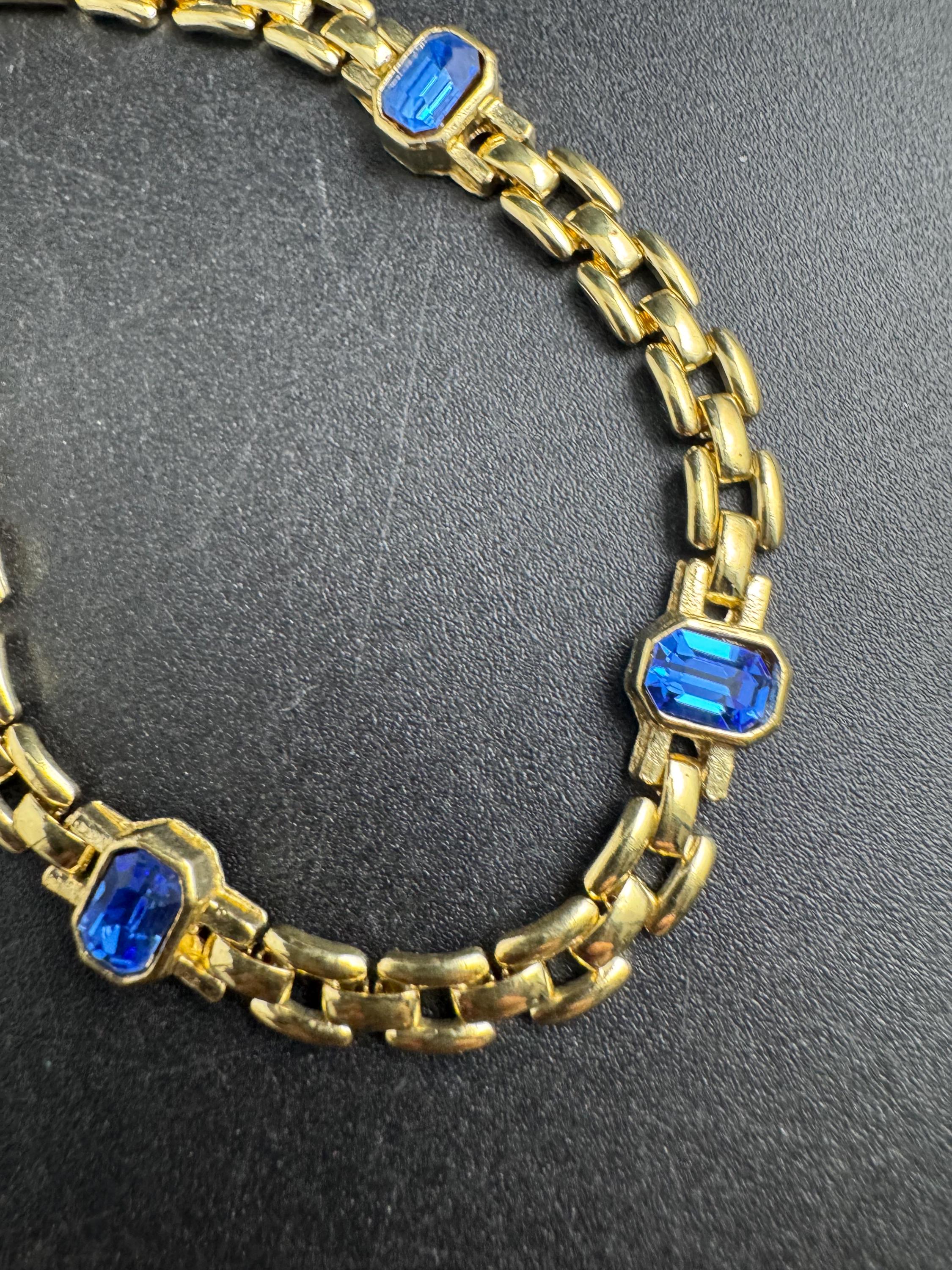Slim Panther link rhinestone bracelet, sapphire blue octagon Swarovski crystals gold plated