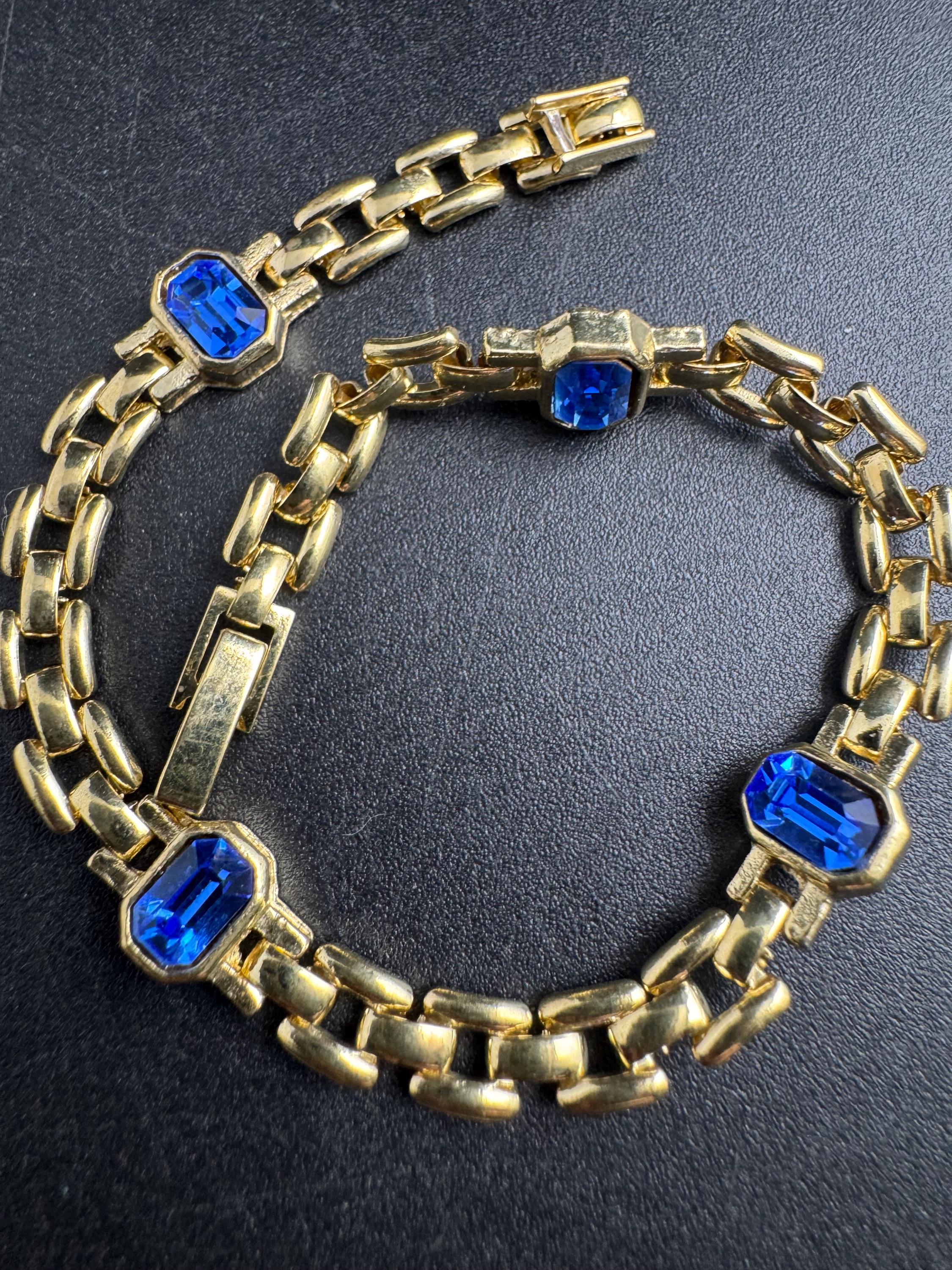 Slim Panther link rhinestone bracelet, sapphire blue octagon Swarovski crystals gold plated