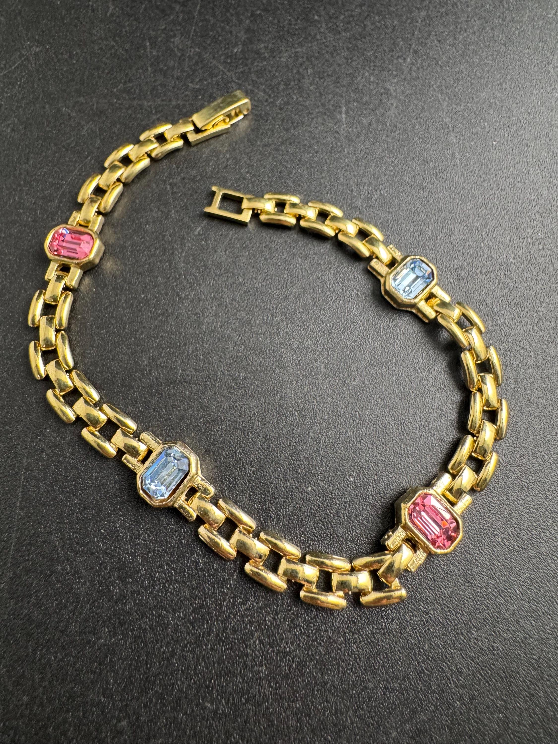 Slim Panther link rhinestone bracelet, pink and sapphire blue octagon Swarovski crystals gold plated