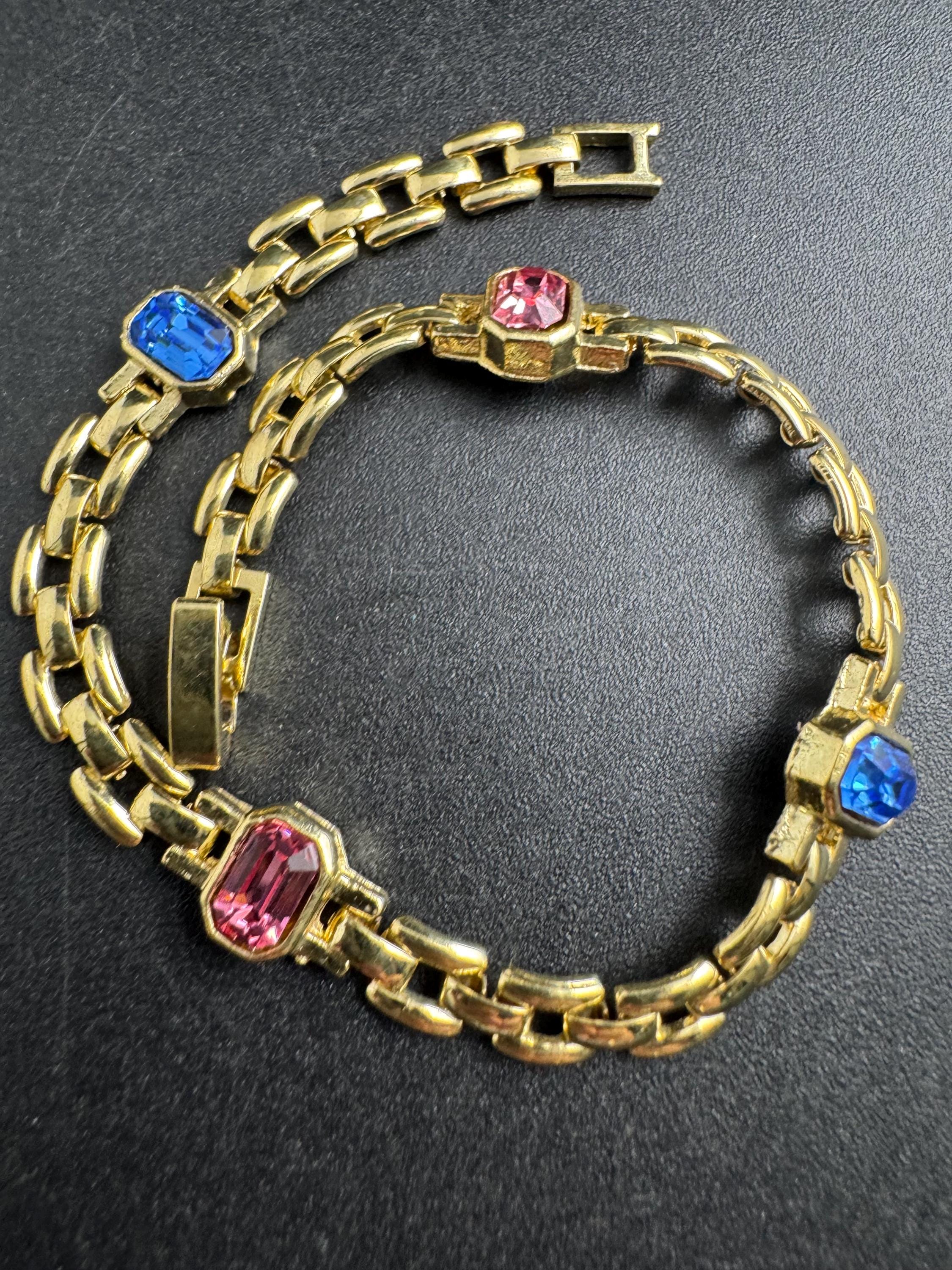 Slim Panther link rhinestone bracelet, pink and sapphire blue octagon Swarovski crystals gold plated