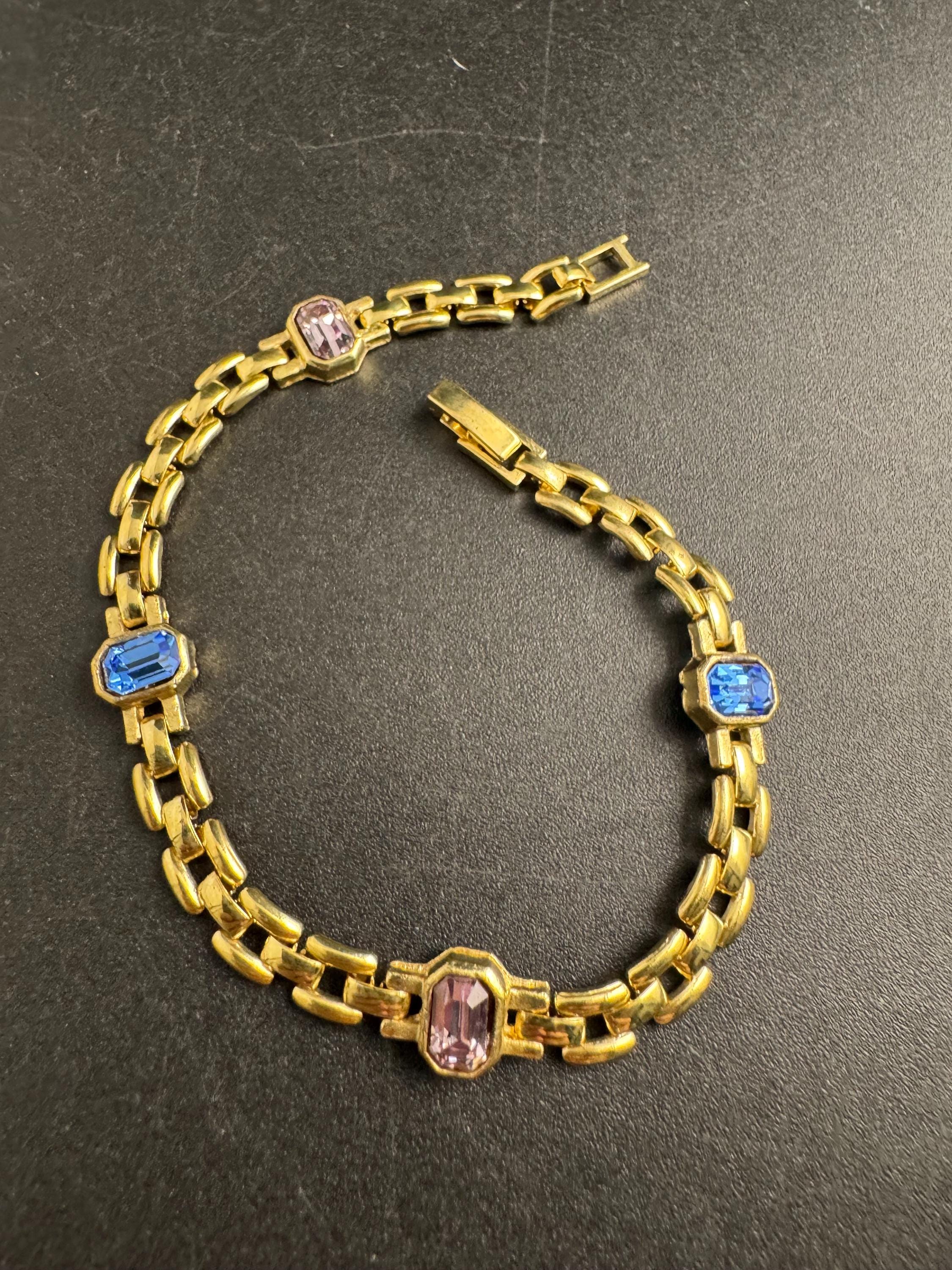 Slim Panther link rhinestone bracelet, sapphire and amethyst octagon Swarovski crystals gold plated