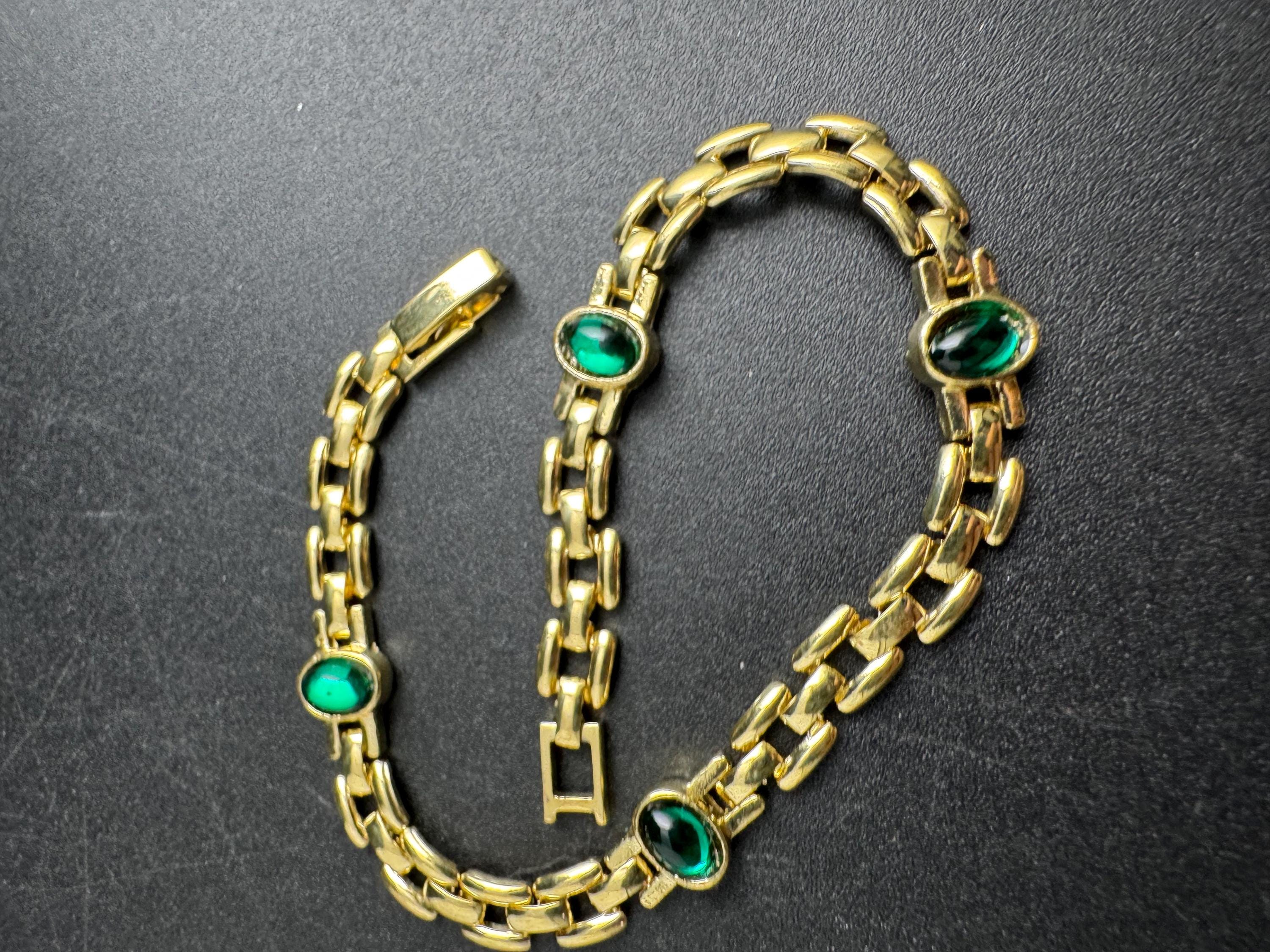 Slim Panther link rhinestone bracelet, emerald green oval cabochon crystals gold plated