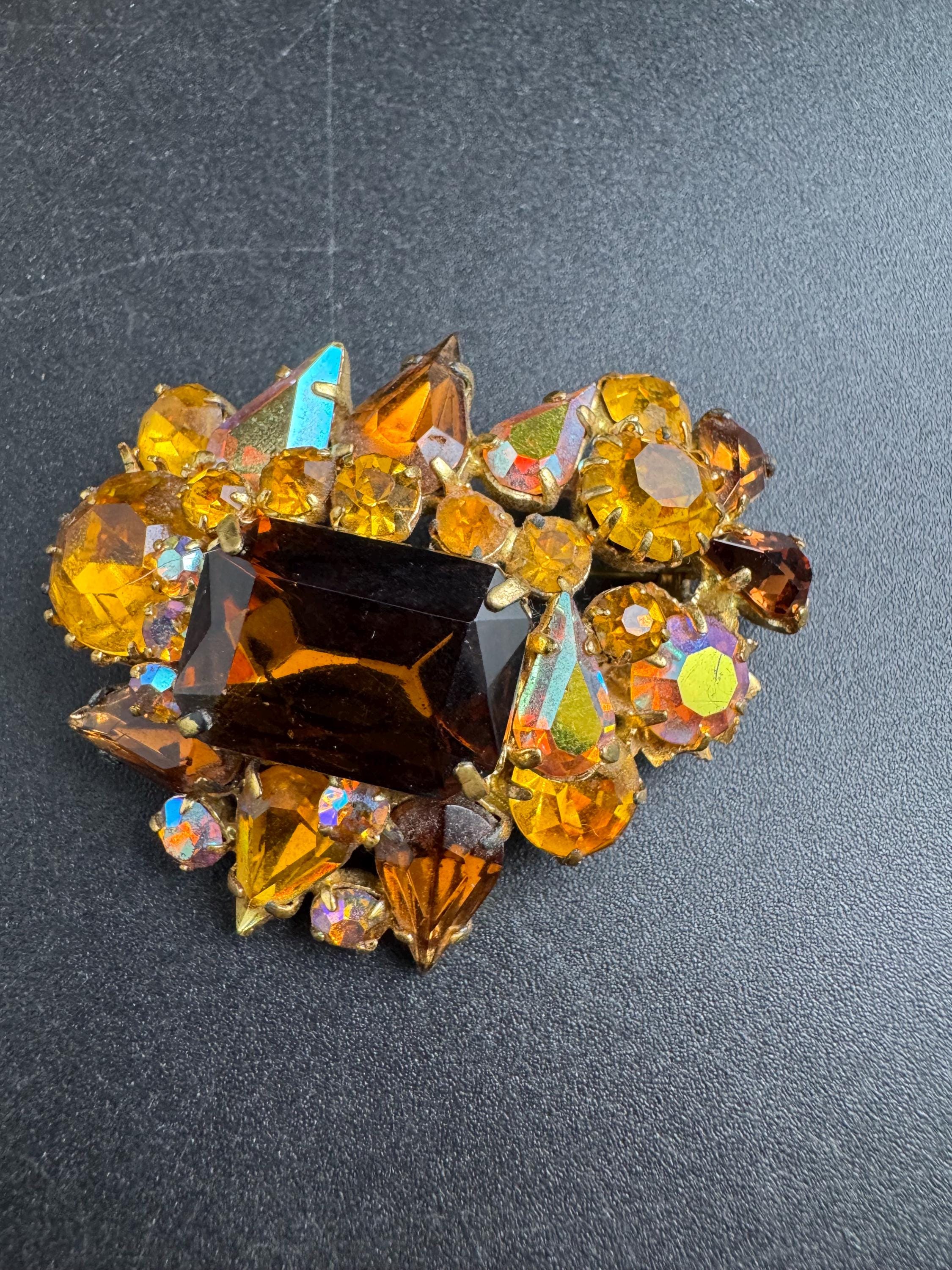 Juliana brown rhinestone brooch, ab and orange stones , double prong back