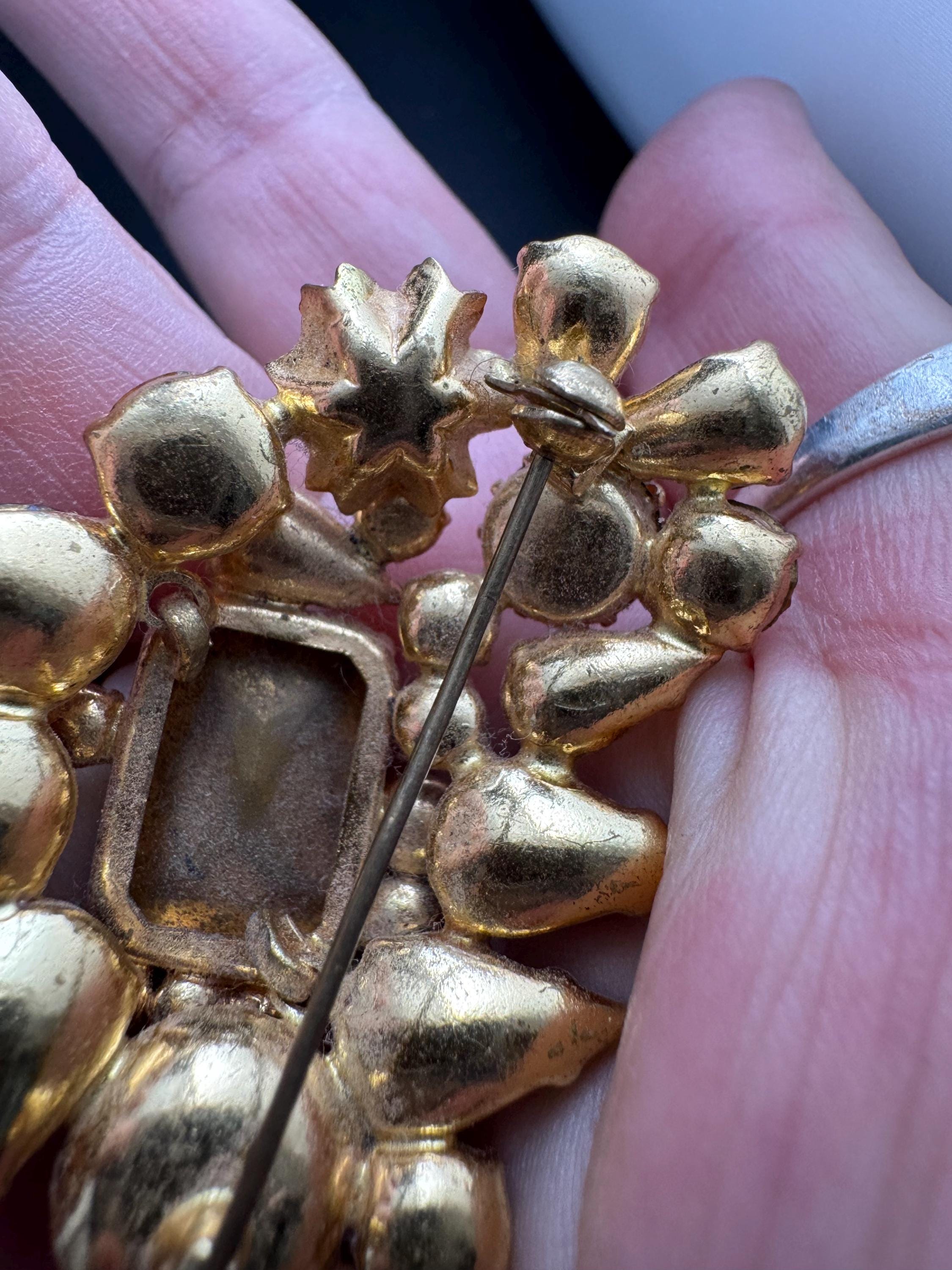 Juliana brown rhinestone brooch, ab and orange stones , double prong back