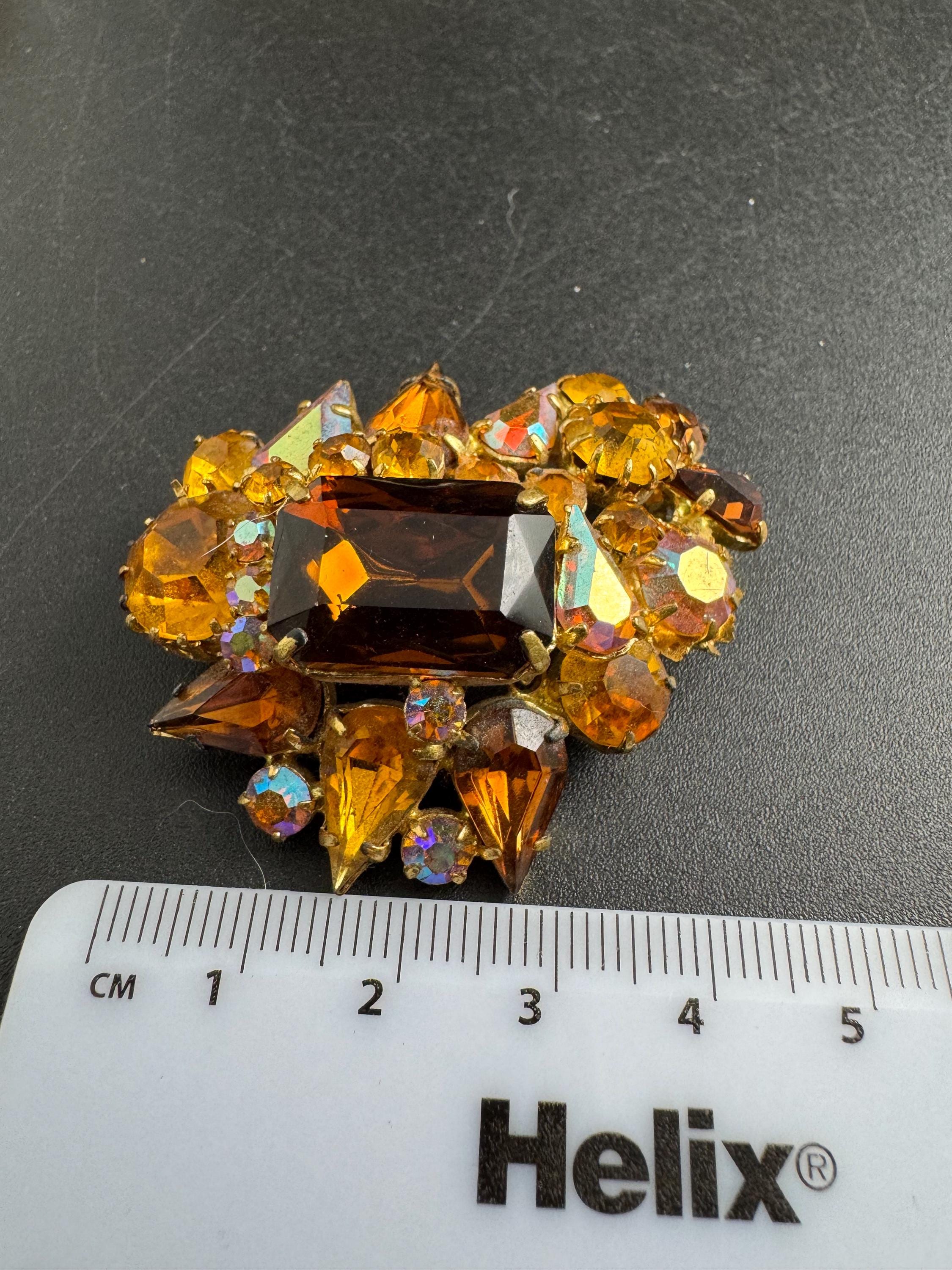 Juliana brown rhinestone brooch, ab and orange stones , double prong back