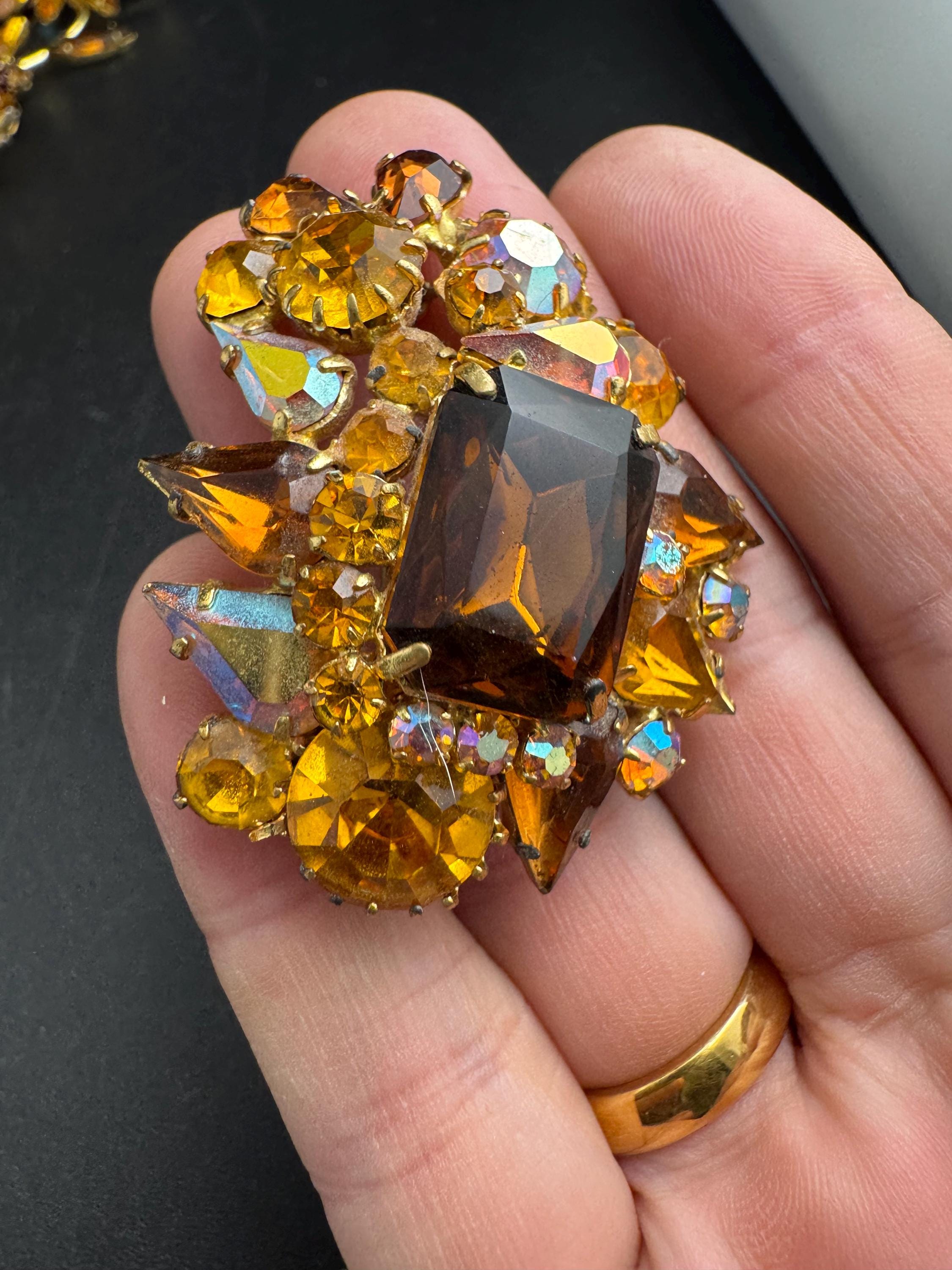 Juliana brown rhinestone brooch, ab and orange stones , double prong back