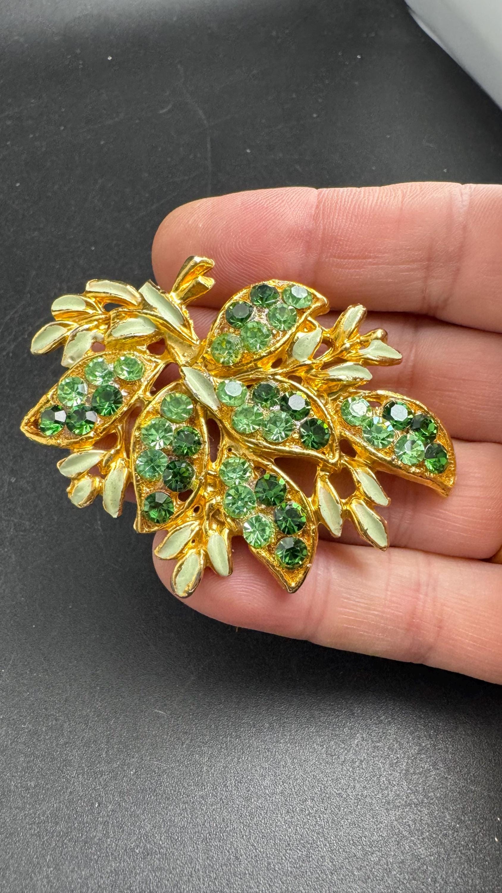 Large emerald rhinestone floral brooch, vintage florist design
