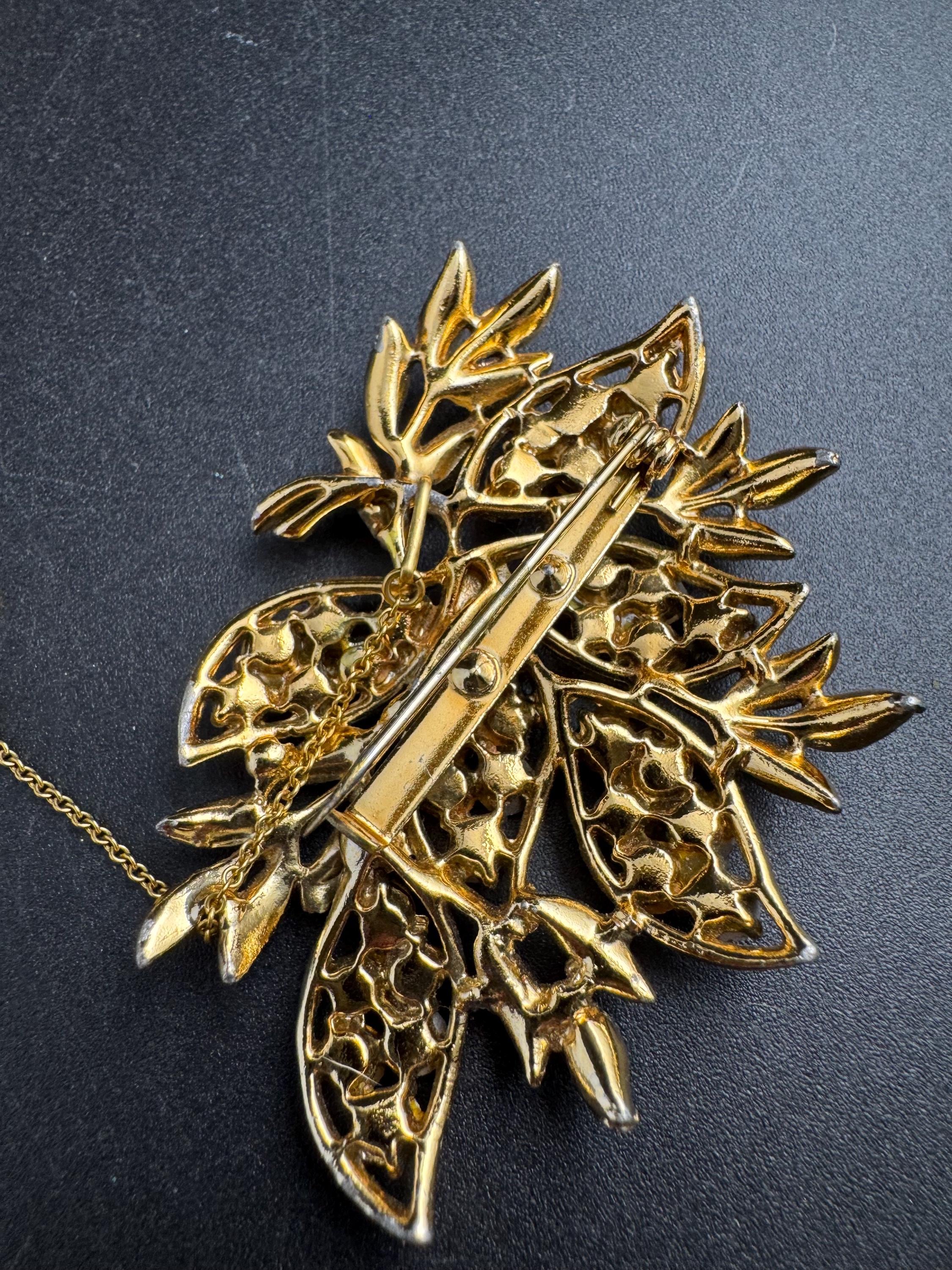 Cream AB rhinestone floral brooch, vintage floral enamel design