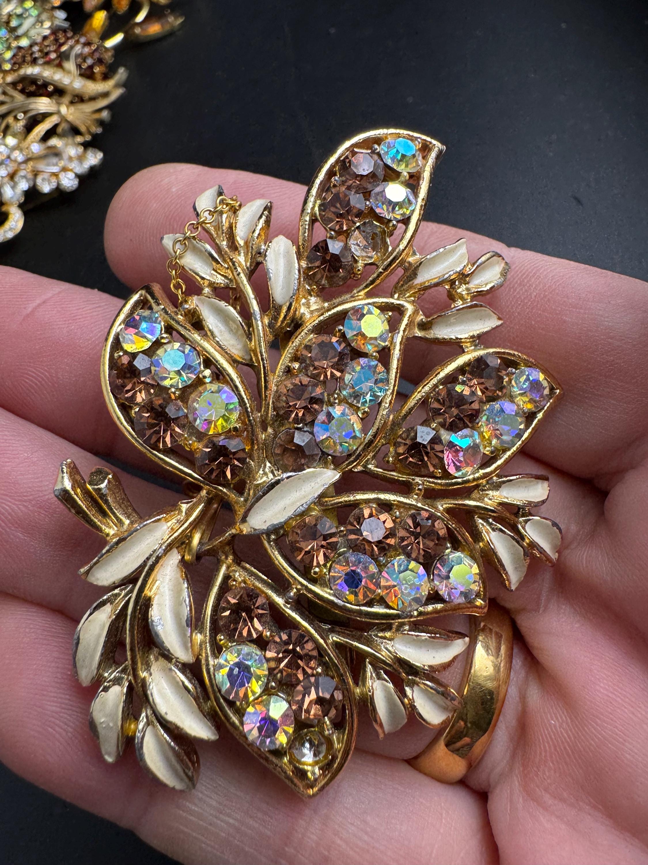 Cream AB rhinestone floral brooch, vintage floral enamel design