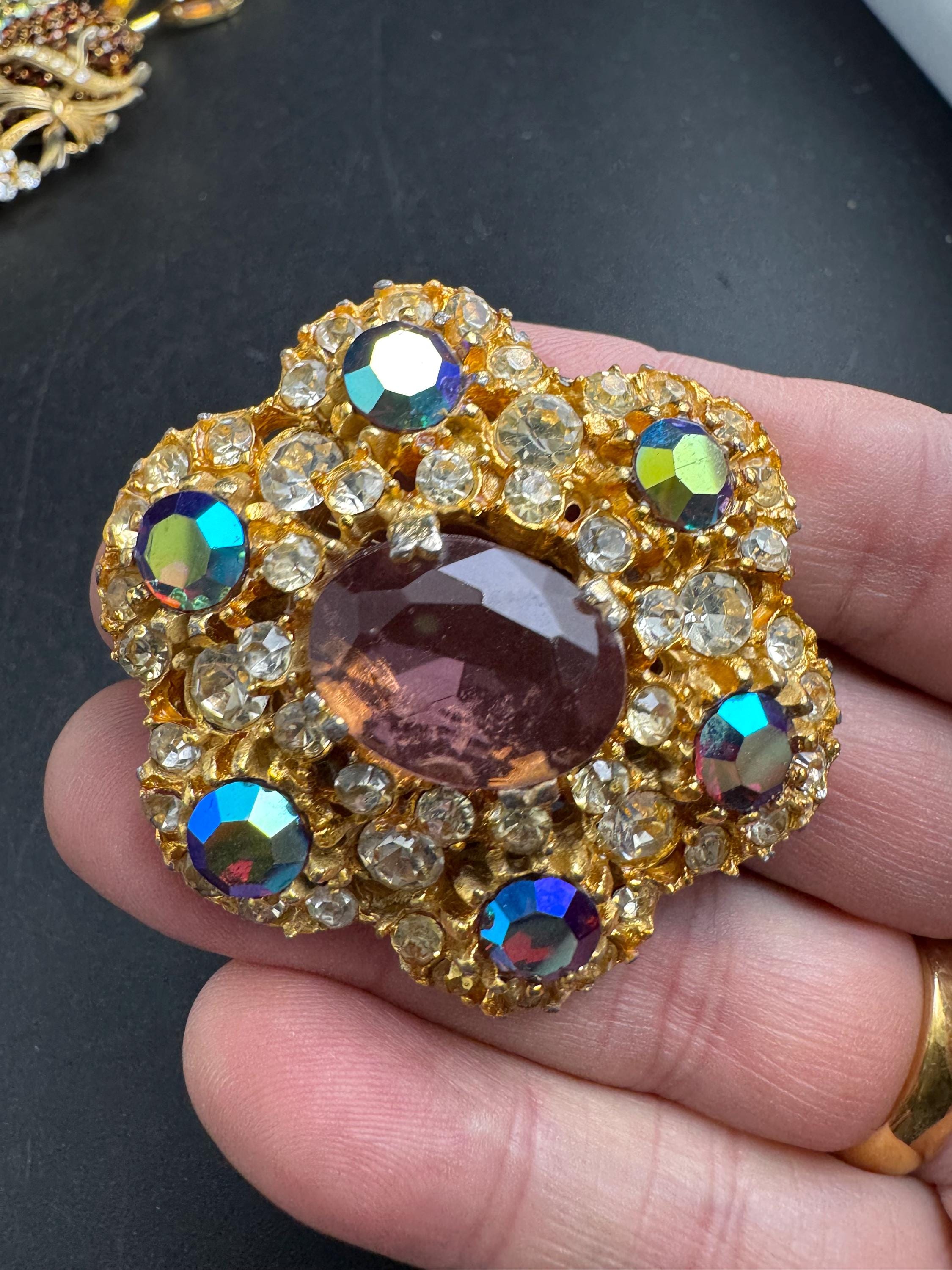 ab amethyst Rhinestone Brooch, Vintage large 5cm domed  Aurora borealis