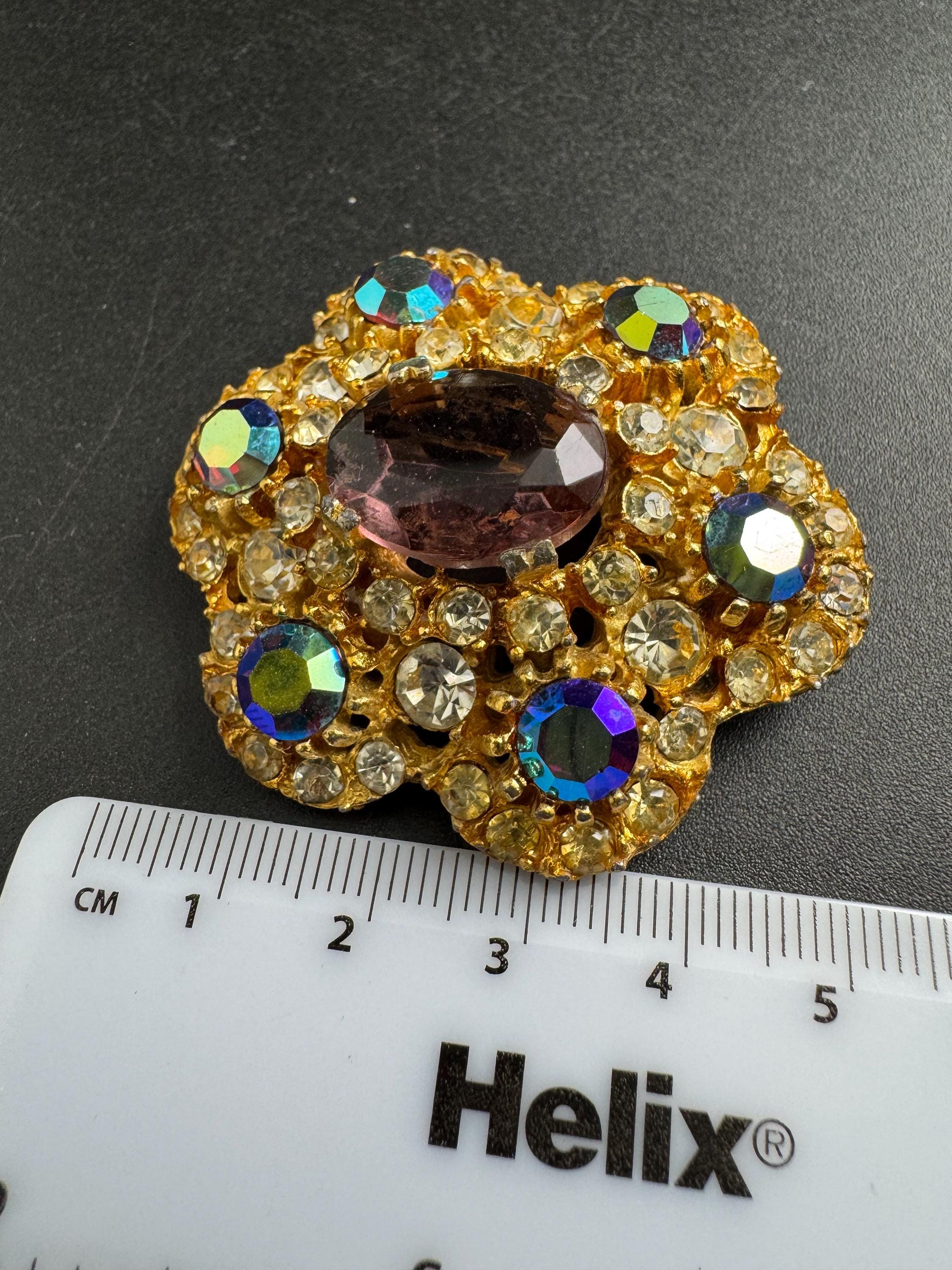 ab amethyst Rhinestone Brooch, Vintage large 5cm domed  Aurora borealis
