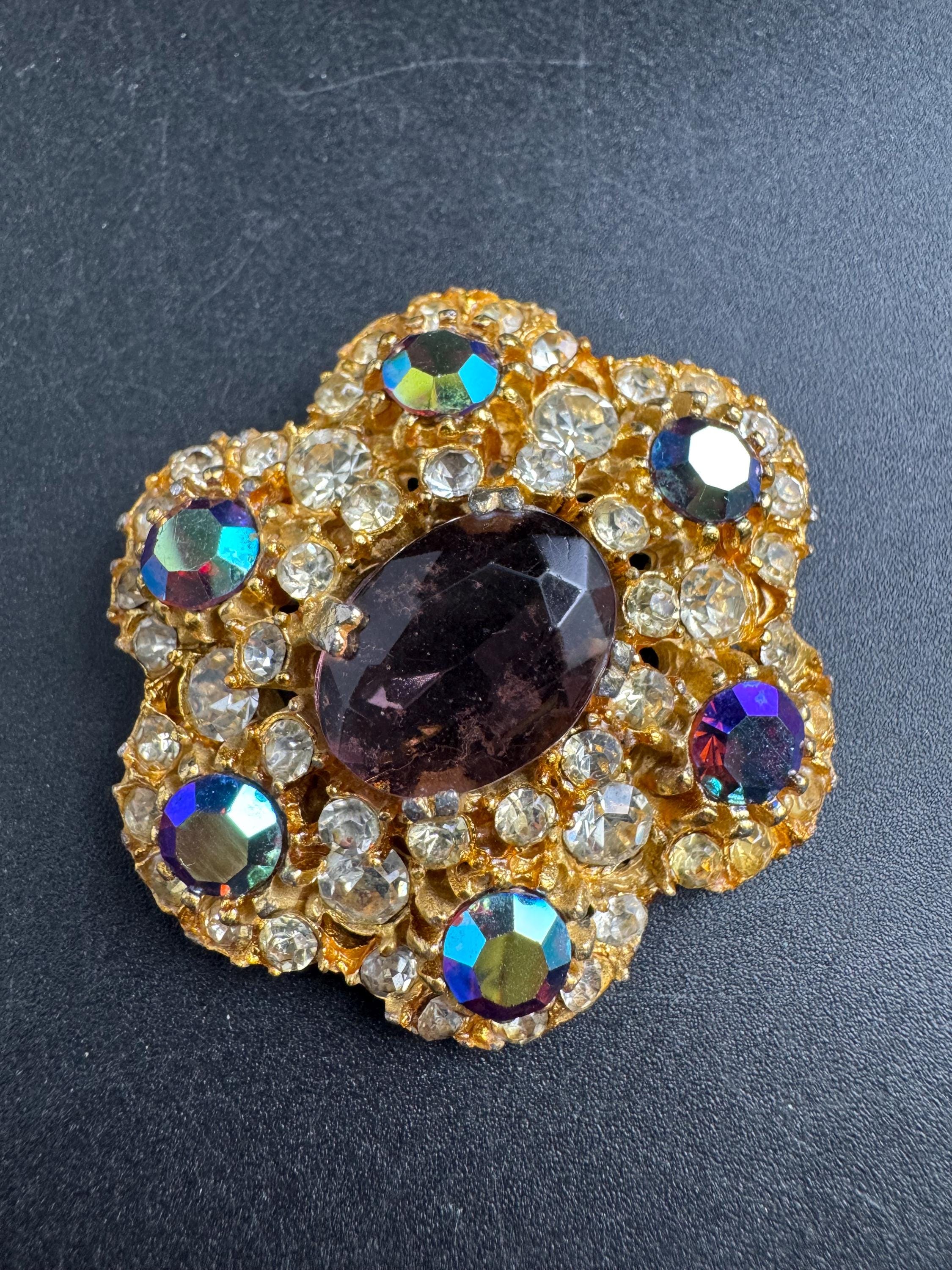 ab amethyst Rhinestone Brooch, Vintage large 5cm domed  Aurora borealis