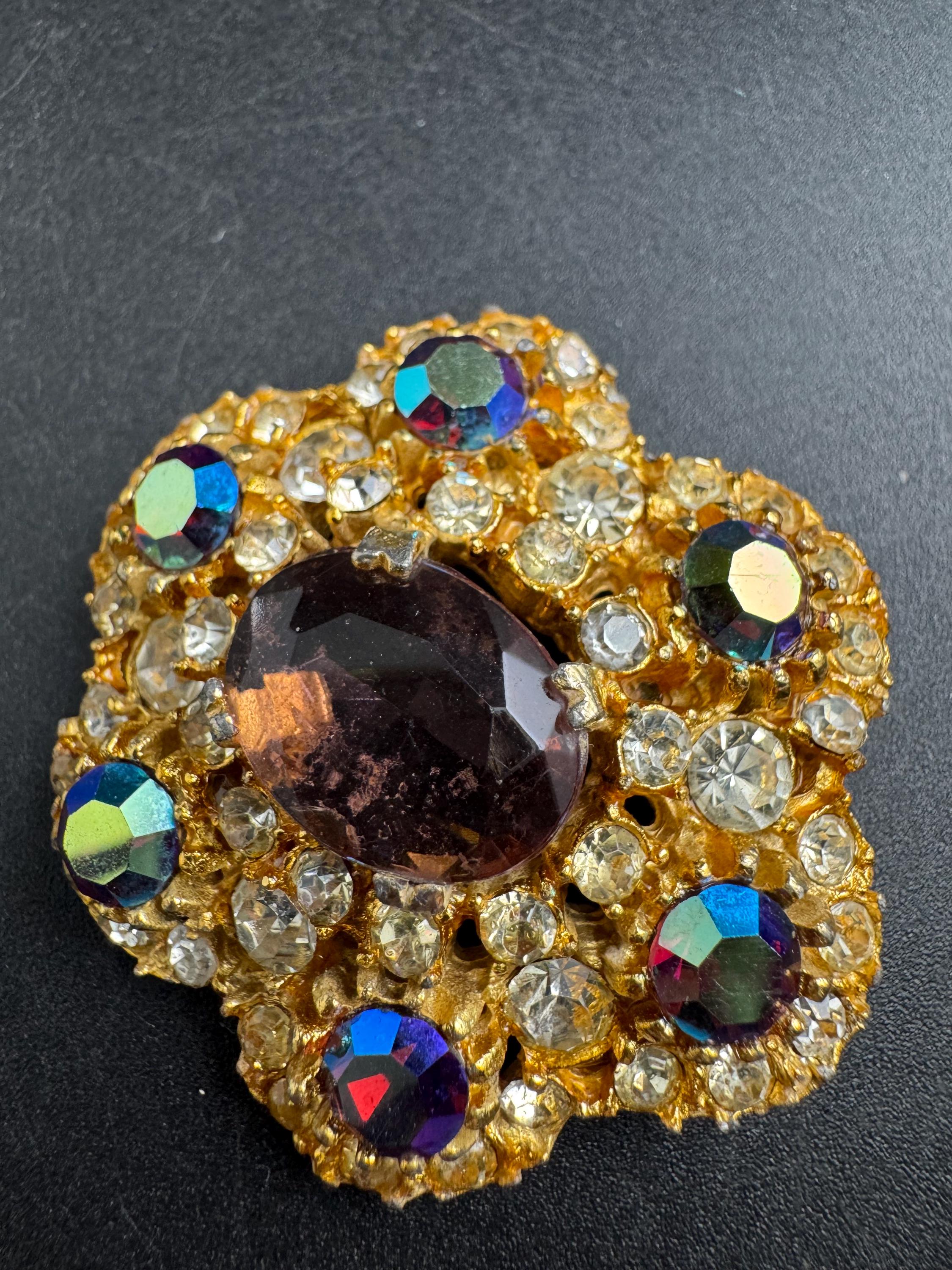 ab amethyst Rhinestone Brooch, Vintage large 5cm domed  Aurora borealis