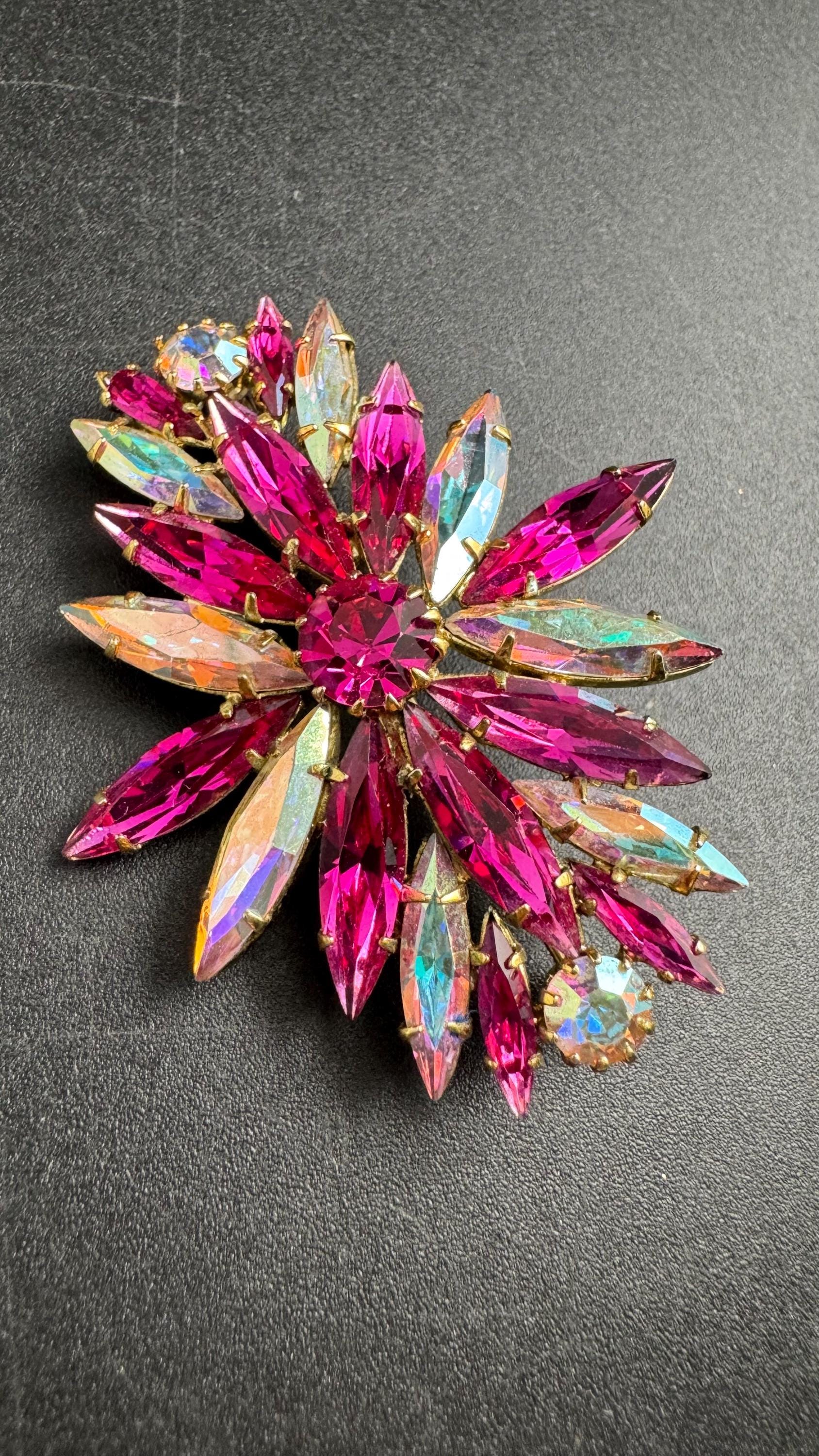 Bright pink AB rhinestone brooch, 5.5cm gold tone vintage Navette crystal