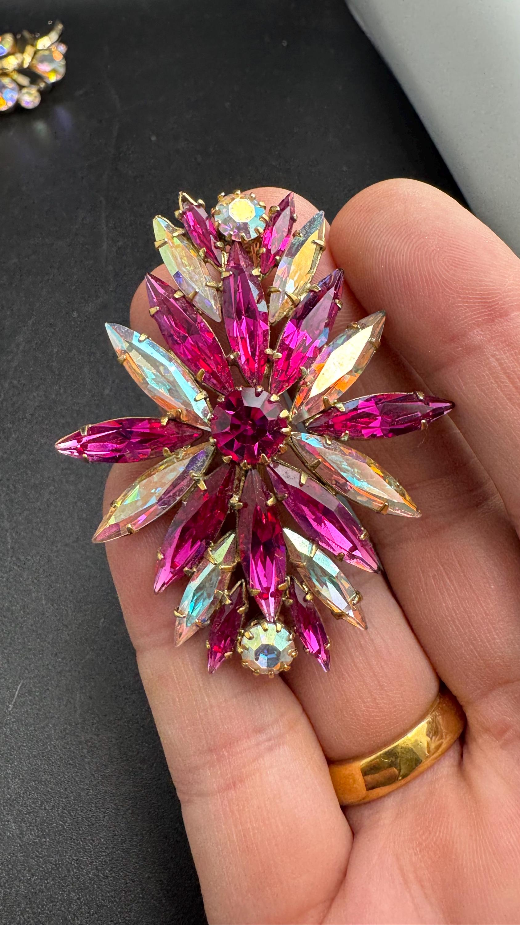 Bright pink AB rhinestone brooch, 5.5cm gold tone vintage Navette crystal