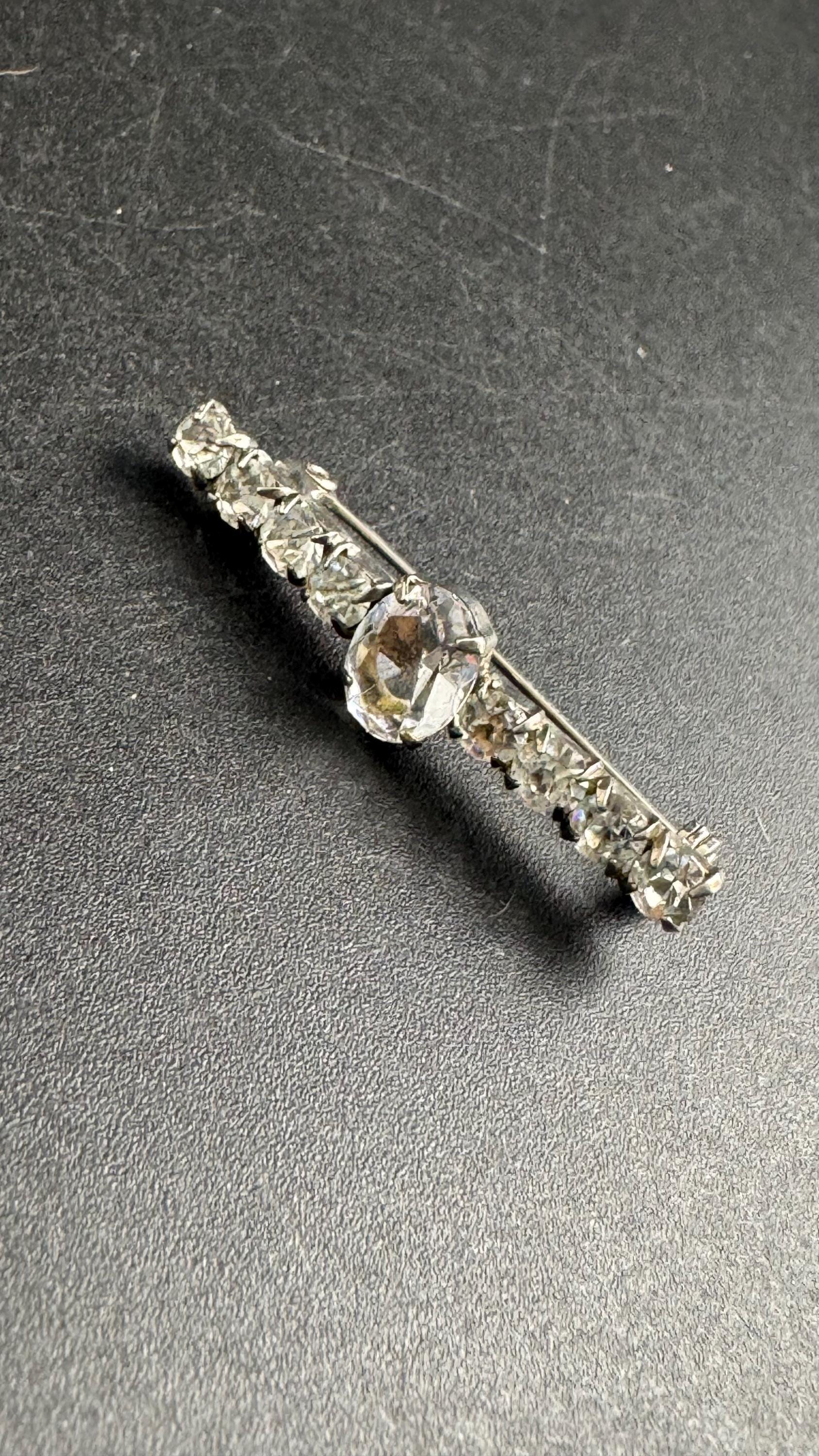 Dainty clear rhinestone bar brooch, clear glass crystal silver tone