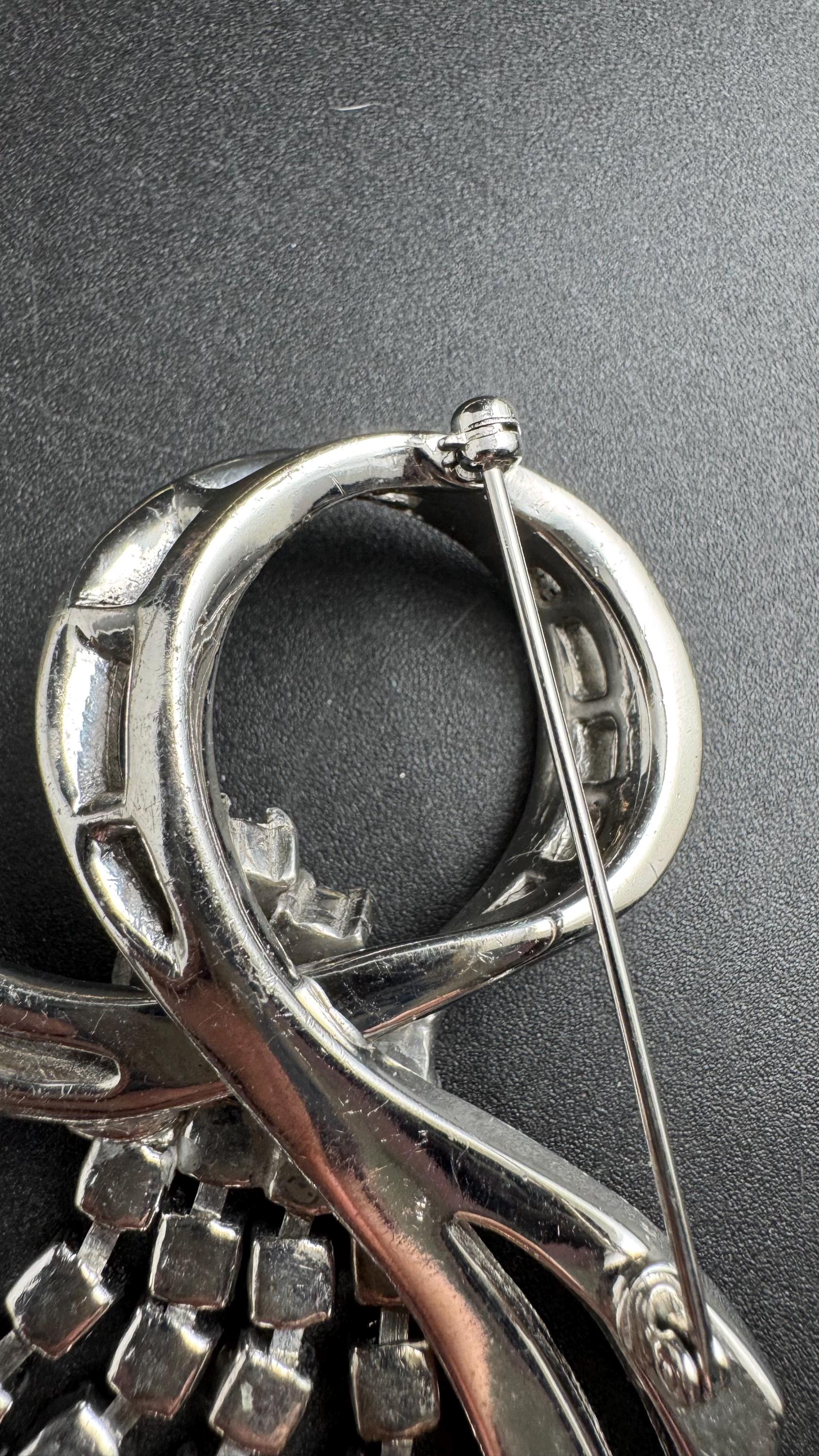 Large clear rhinestone tassel brooch, chrome back vintage quality