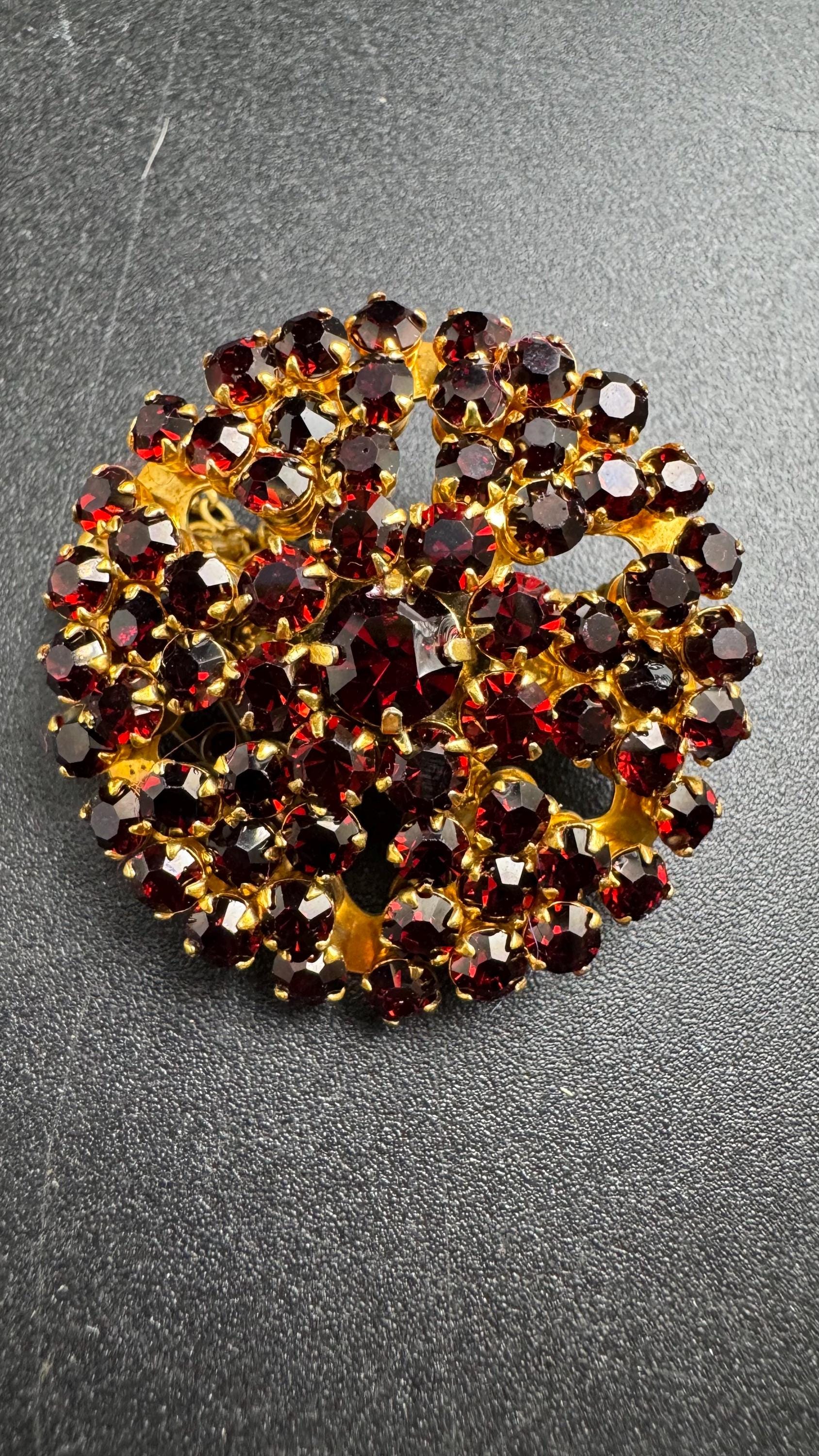 Vintage red garnet rhinestone brooch, Bohemian Claw Set vintage pin