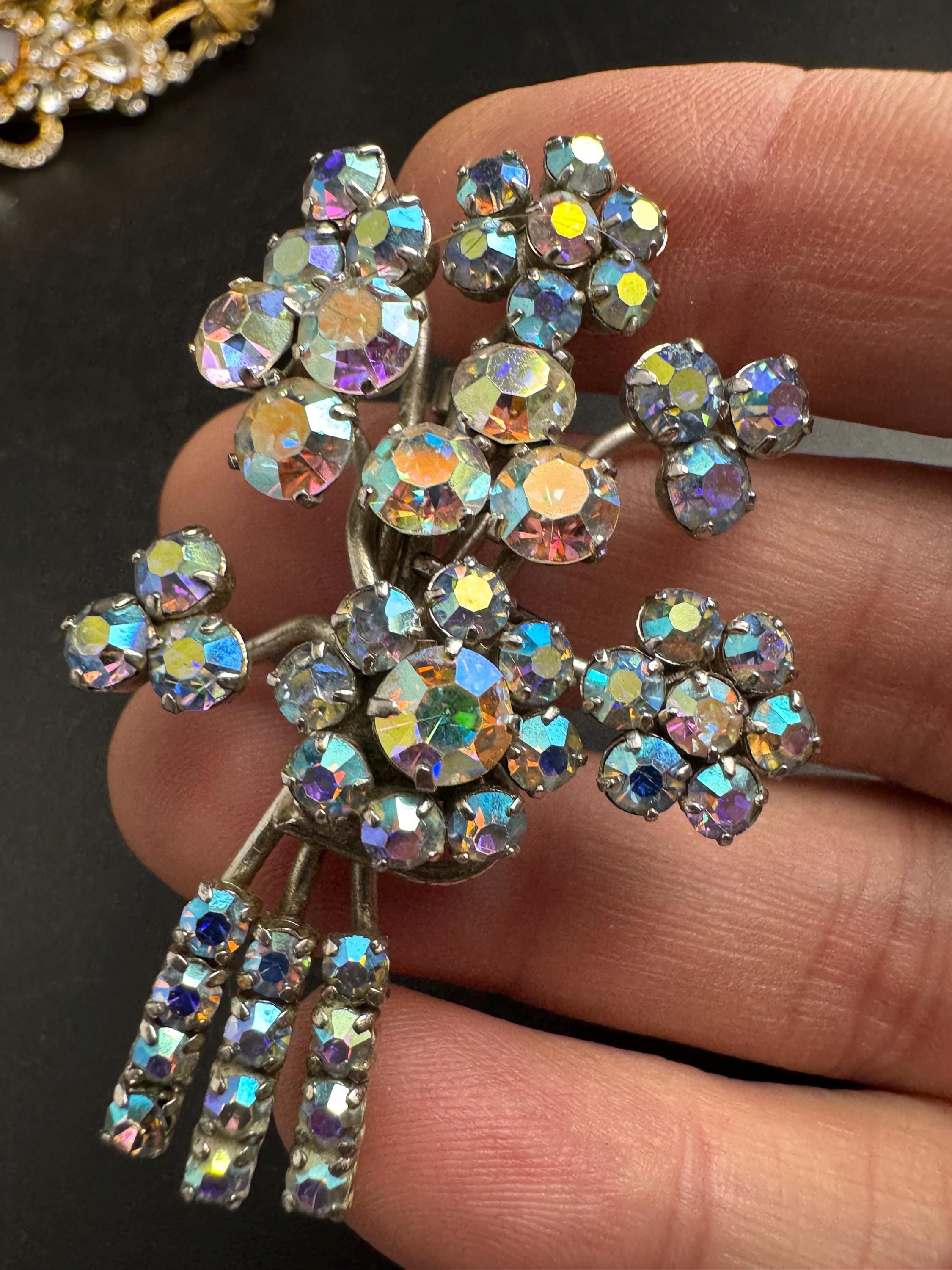 AB aurora borealis bouquet Brooch, silver chrome