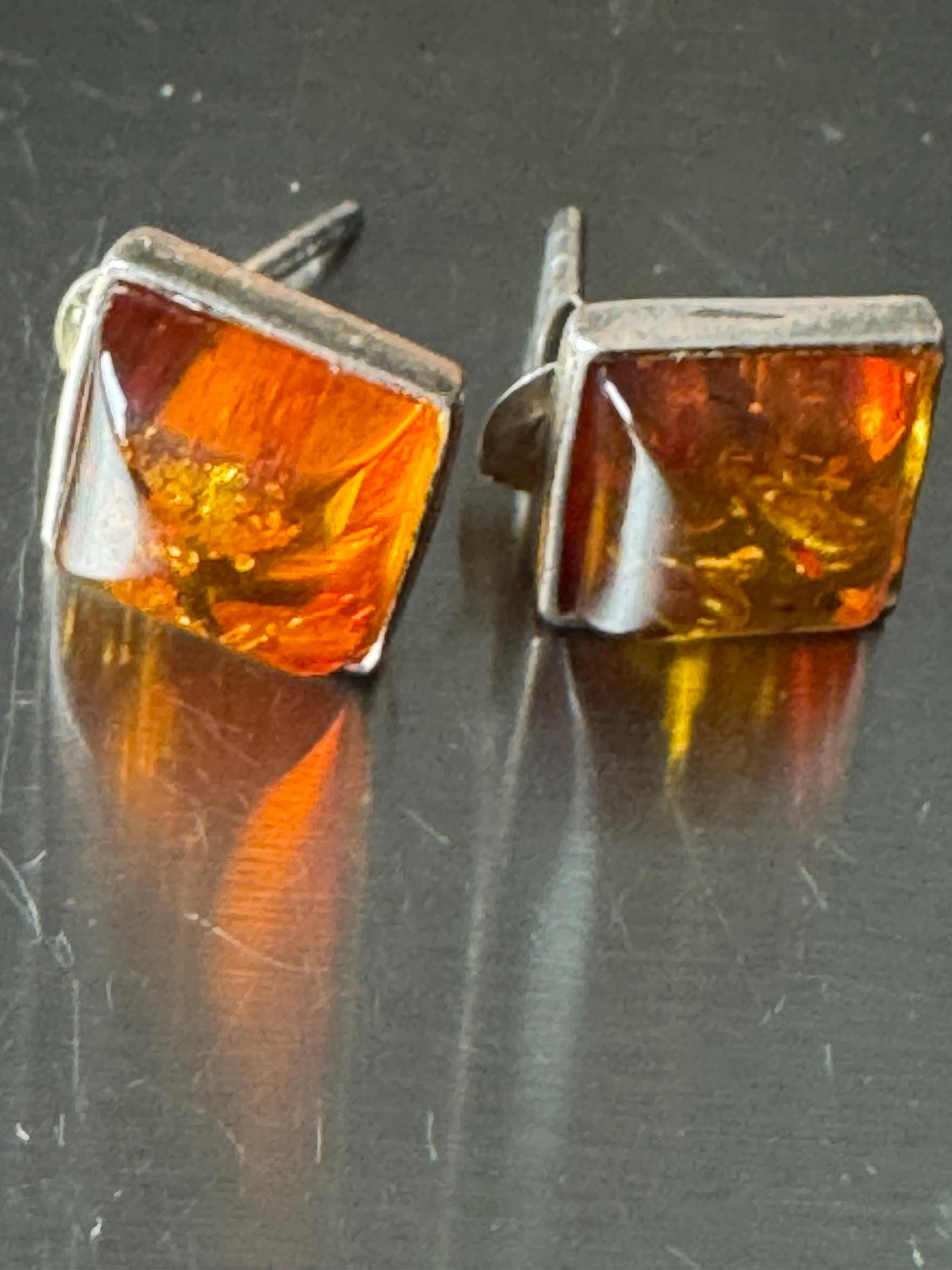 925 square amber stud earrings, pierced ears 1cm natural resin