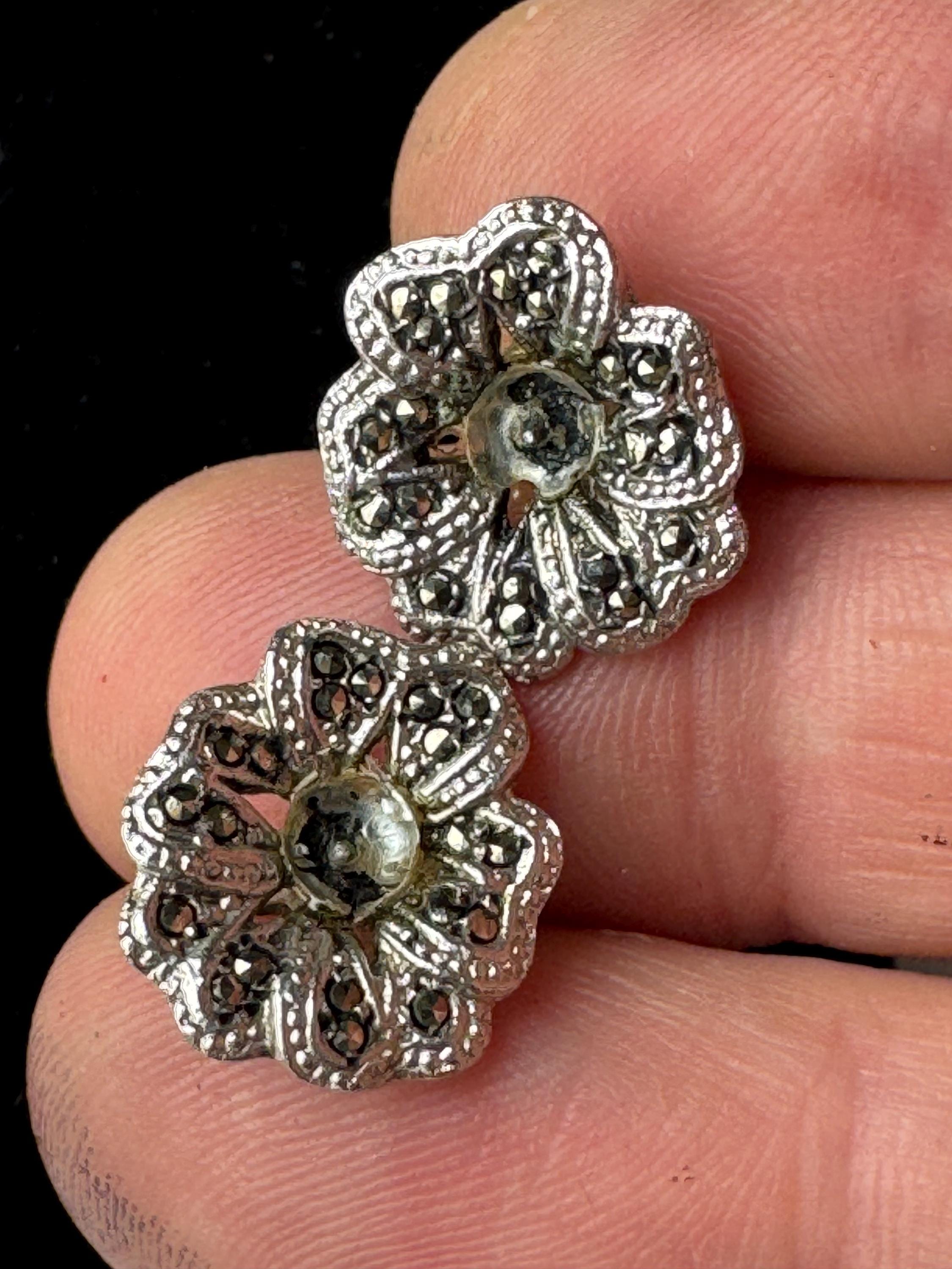 925 Marcasite flower stud earrings, sterling silver and vintage