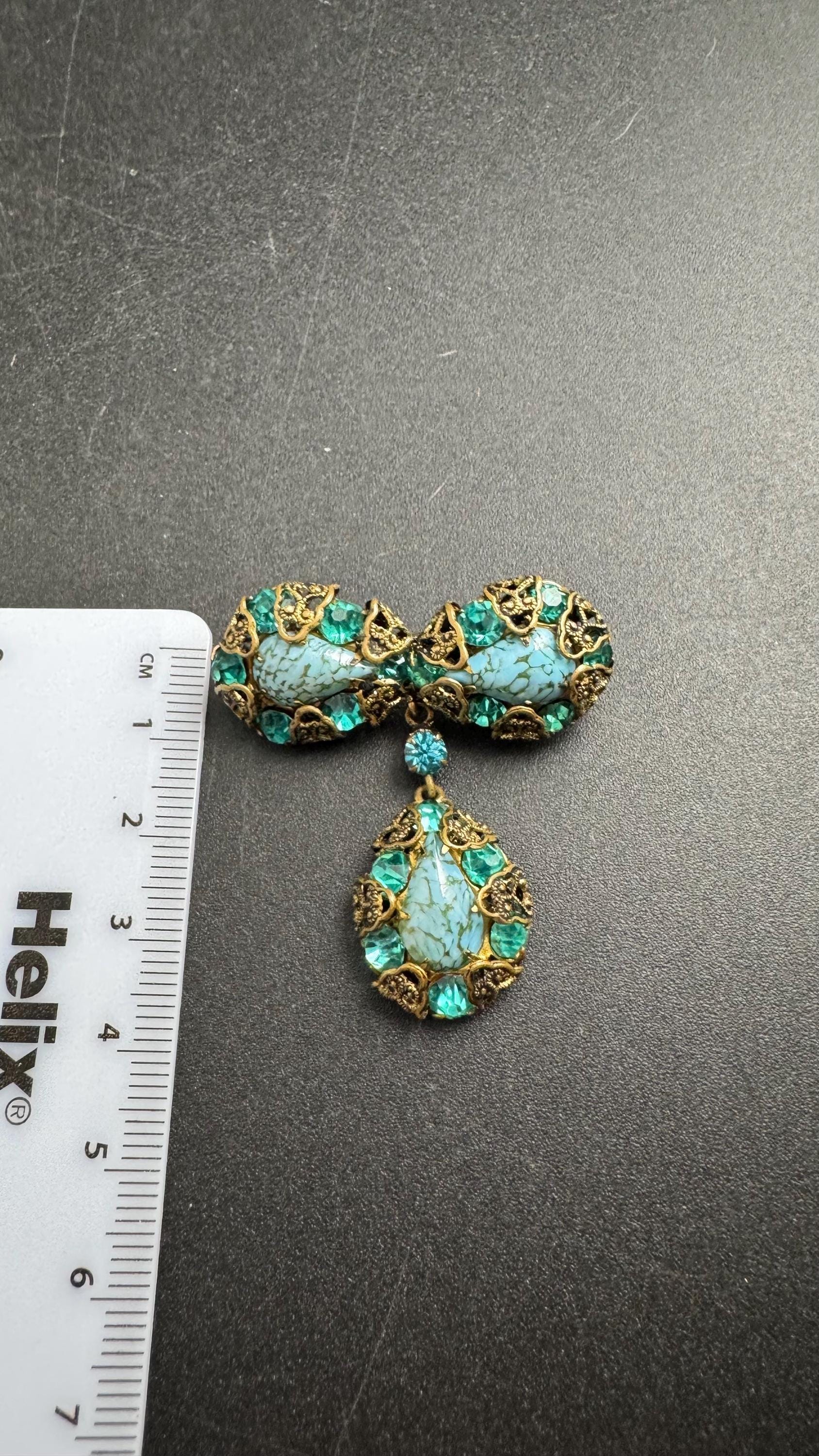 Czech emerald filigree dropper brooch,  turquoise blue rhinestone teardrop Peking glass Art Deco