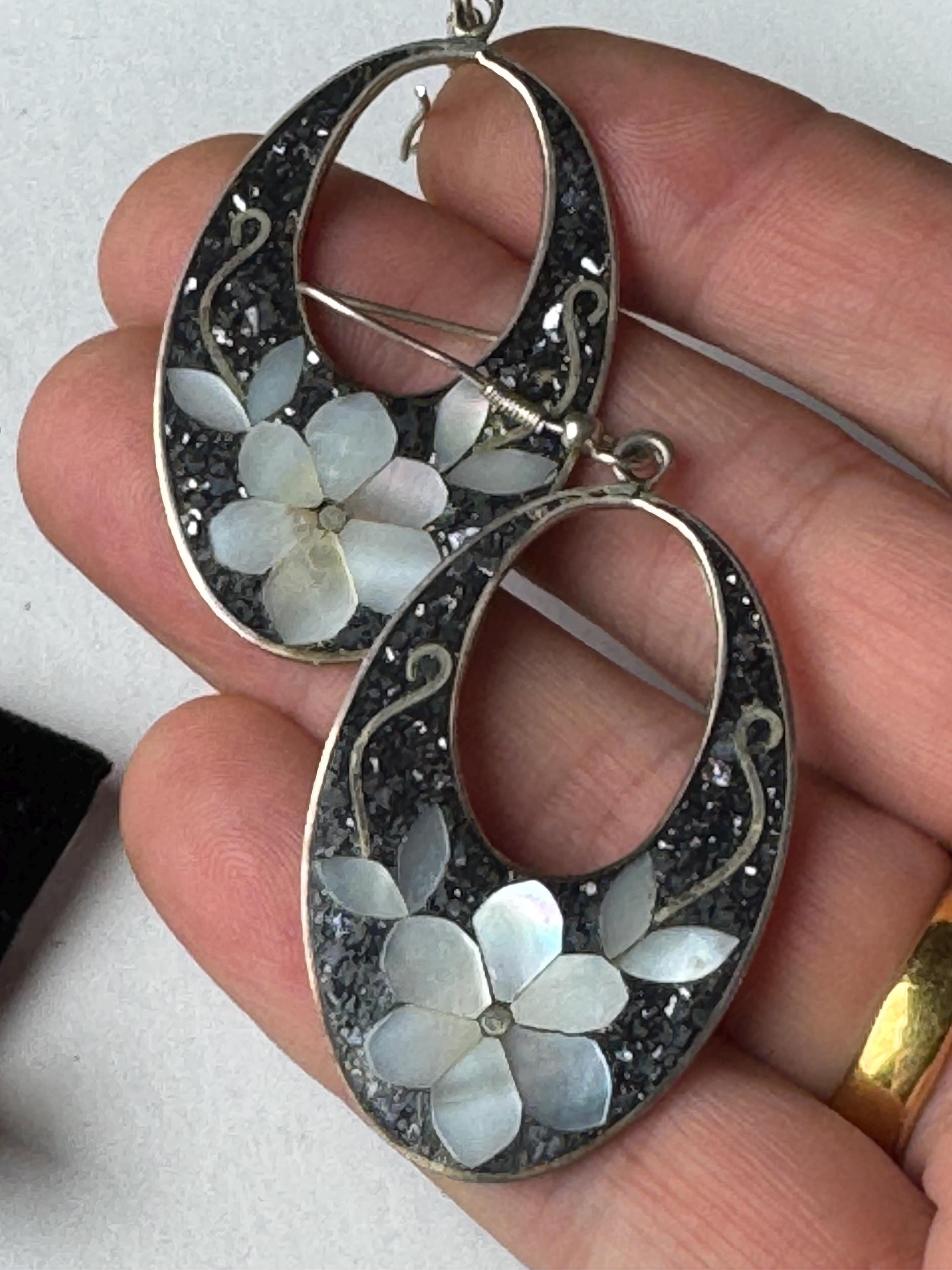 Alpaca Silver Abalone drop Earrings, 925 earwires for pierced ears Vintage shell