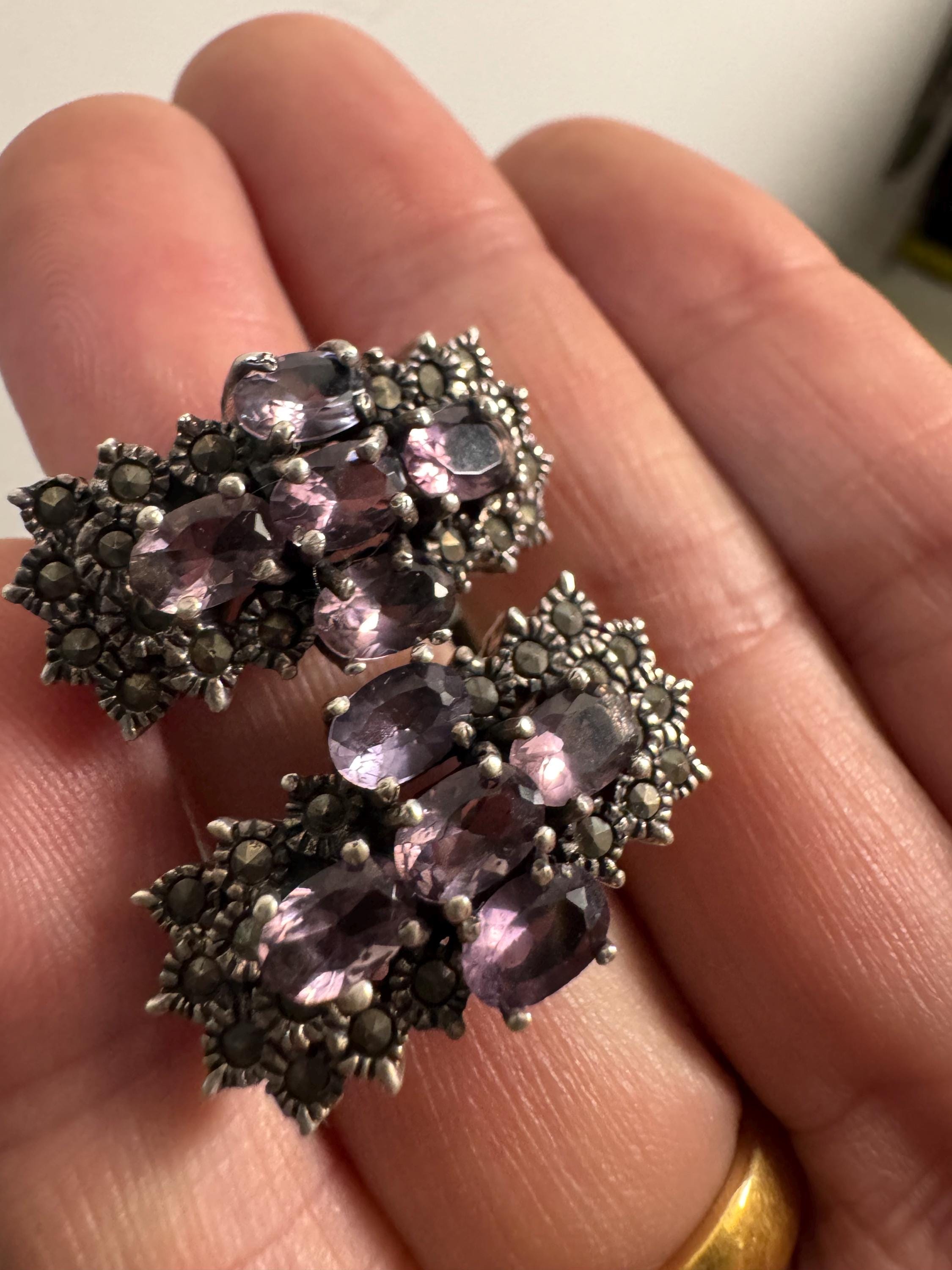 925 amethyst clip on earrings, sterling silver weighty clips 17 grams