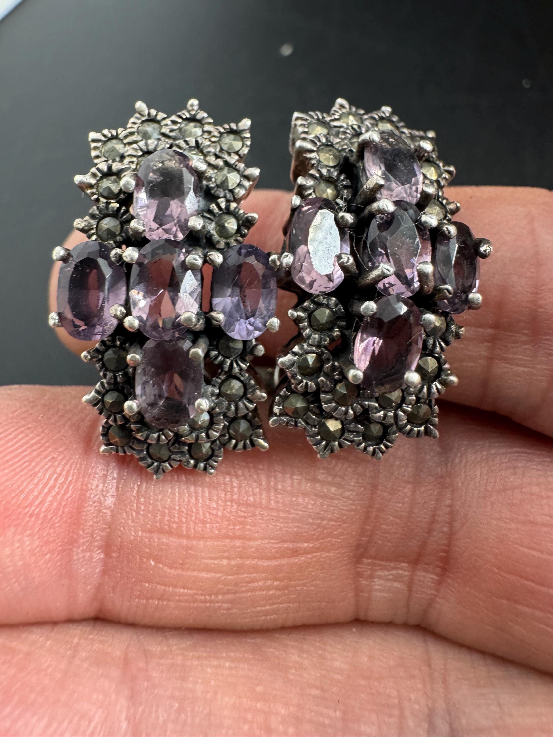 925 amethyst clip on earrings, sterling silver weighty clips 17 grams