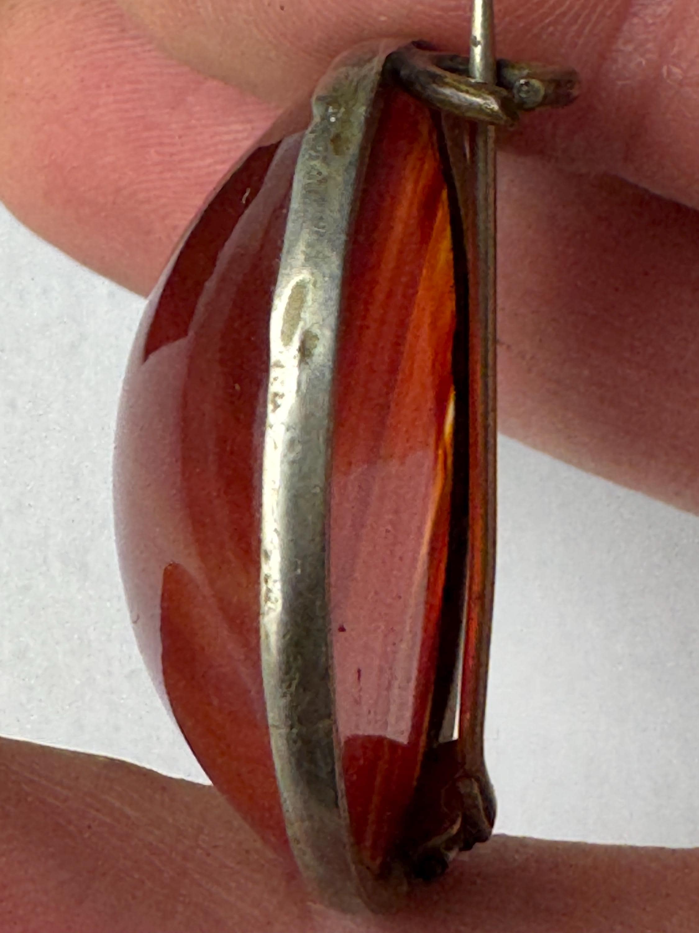 Antique banded agate dome brooch, Victorian sterling silver with c clasp