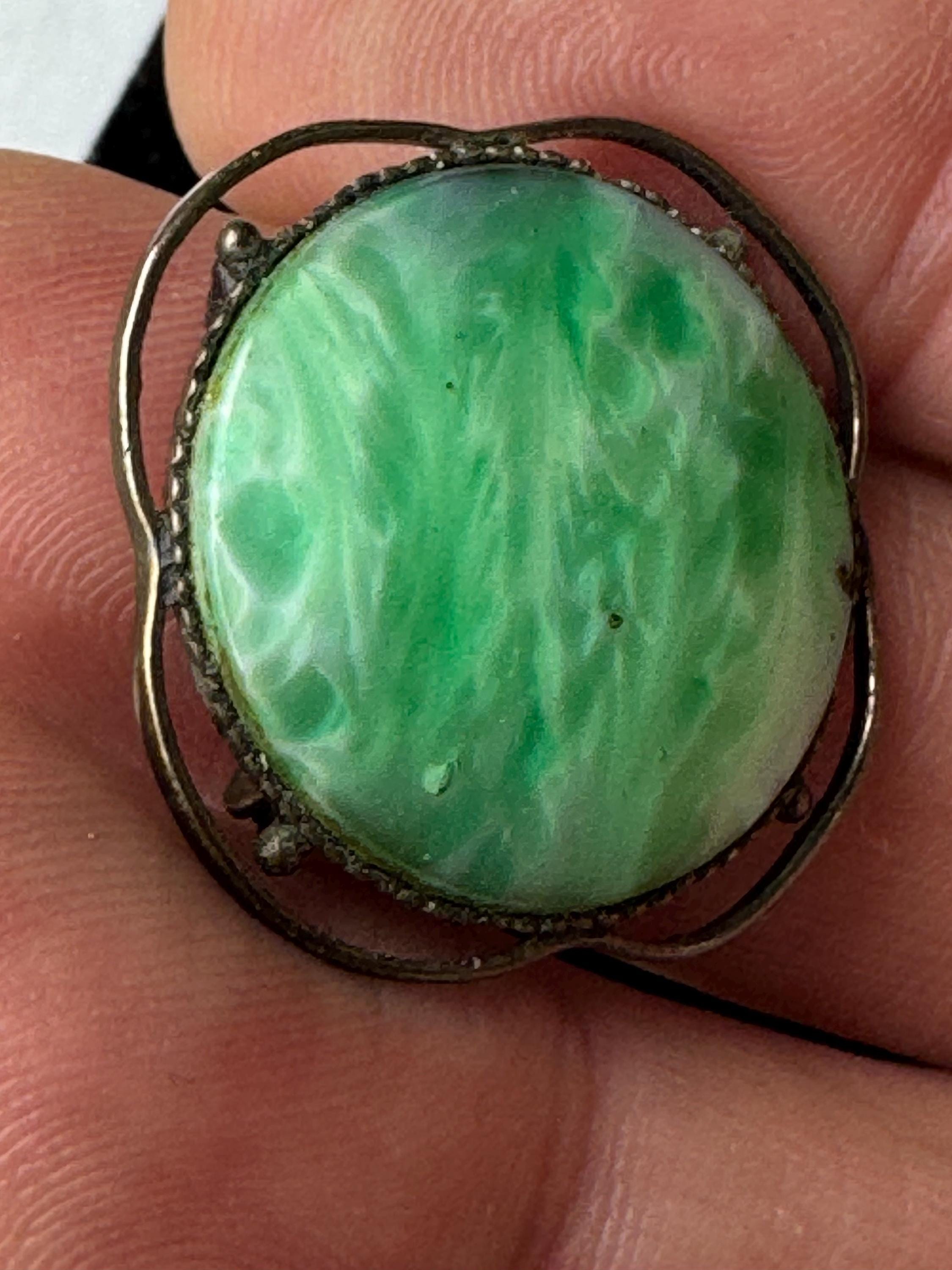 Victorian jadeite green silver brooch, 925 sterling gemstone pin with a c clasp