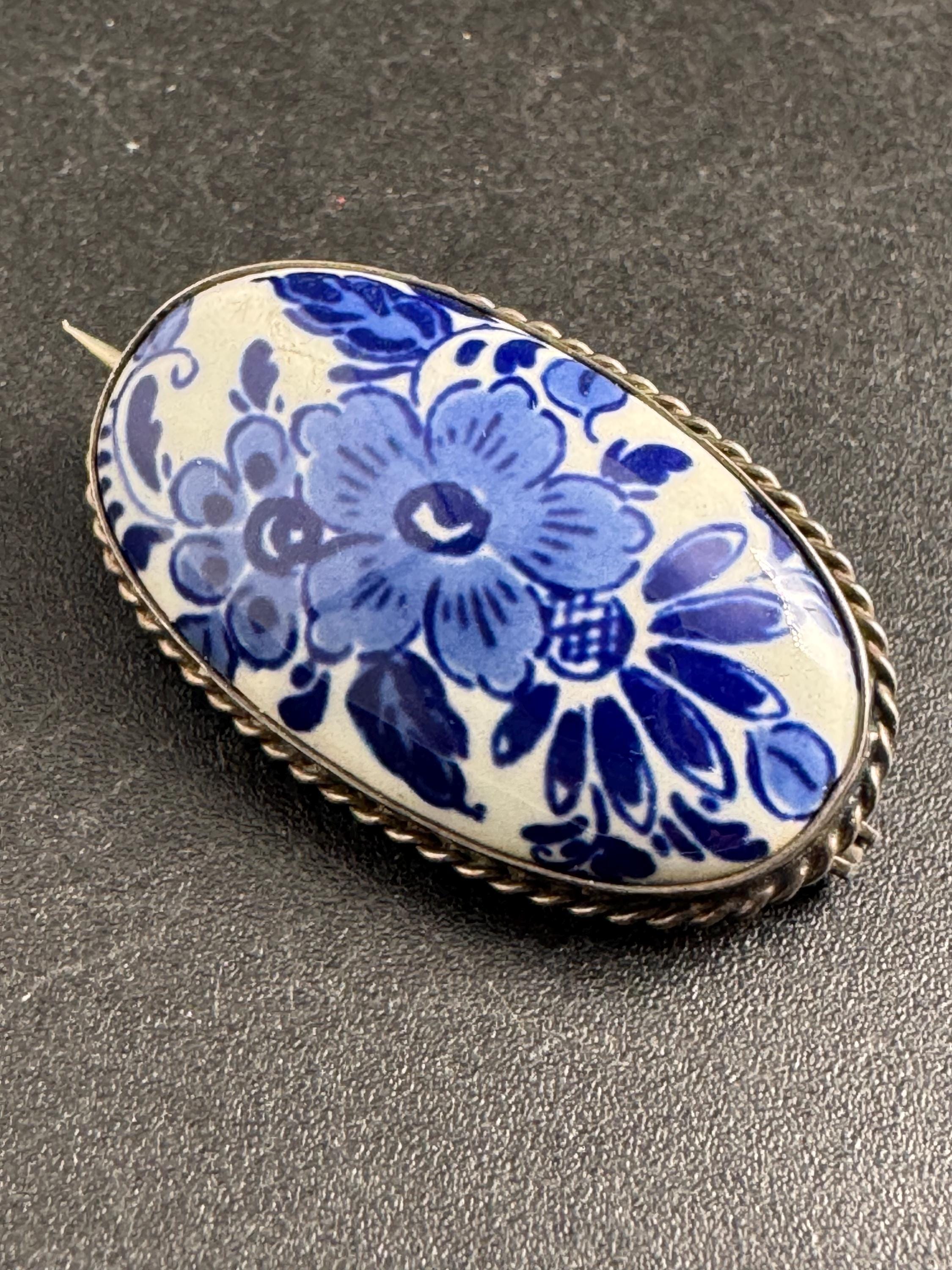 Antique delft pottery silver brooch, c clasp white metal pin