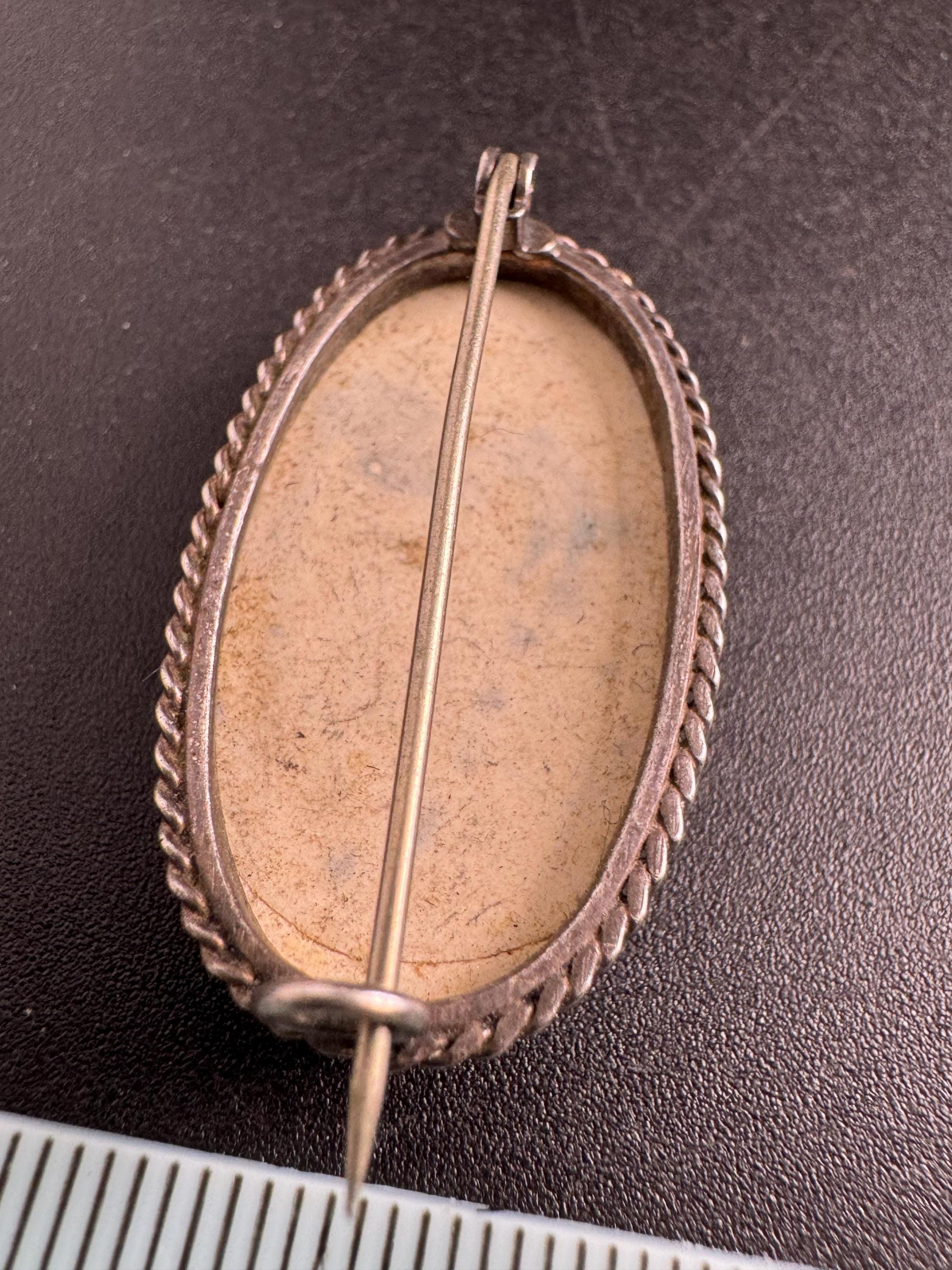 Antique delft pottery silver brooch, c clasp white metal pin