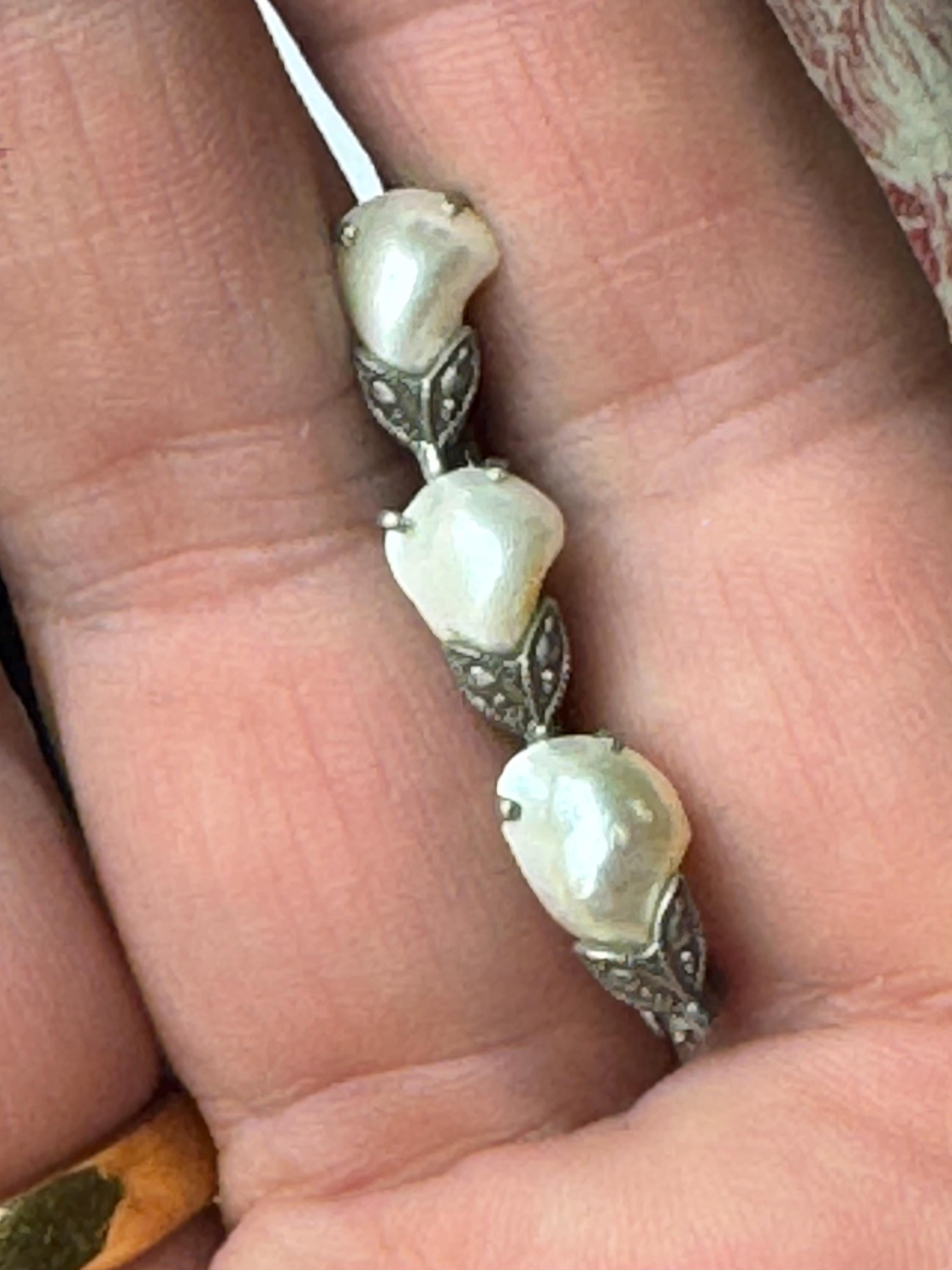 Baroque pearl 925 Marcasite Brooch: sterling silver bar Pin