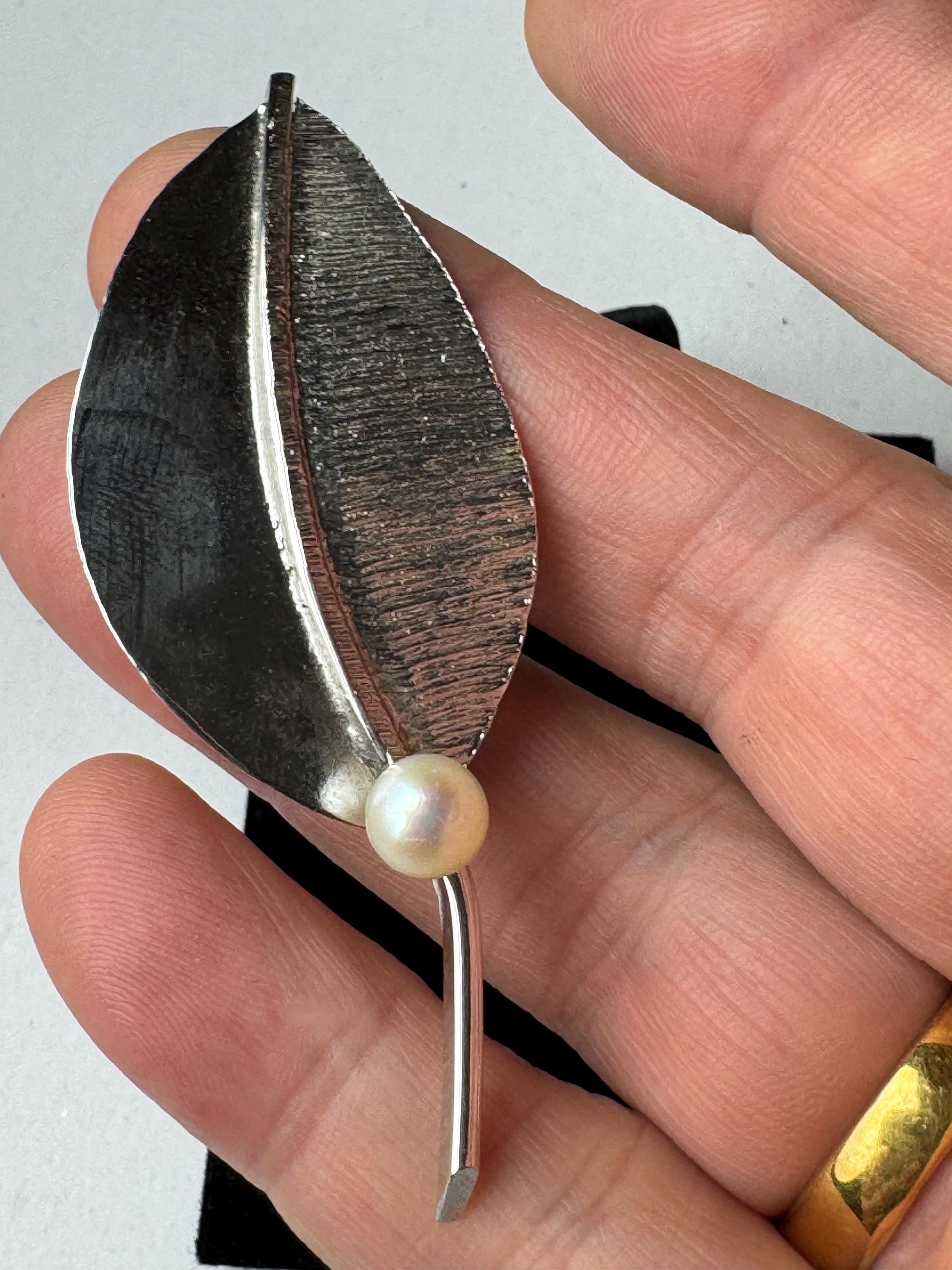 925 signed silver leaf brooch, cultured pearl signed PM, krementz pin