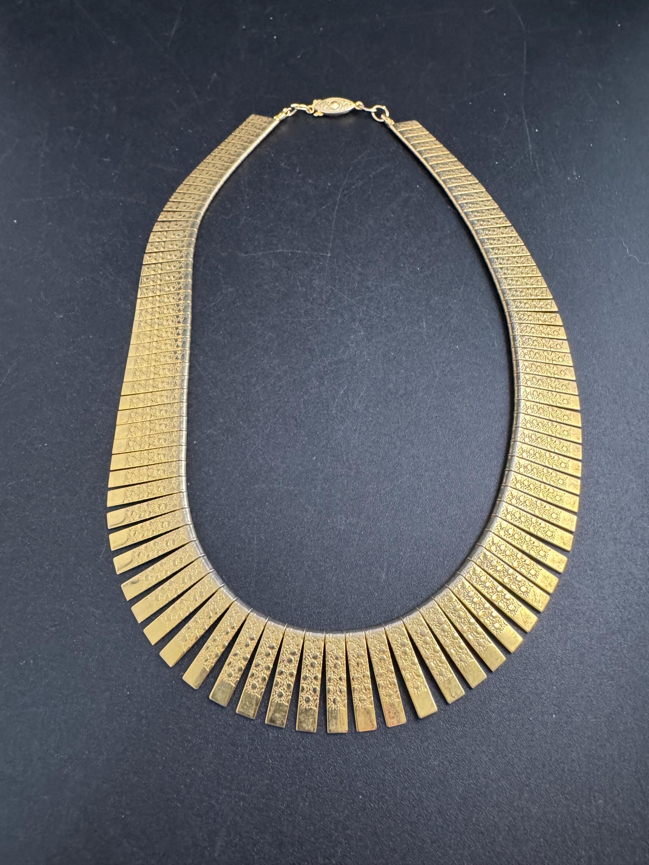Egyptian wide gold choker necklace, cleopatra fringed style vintage