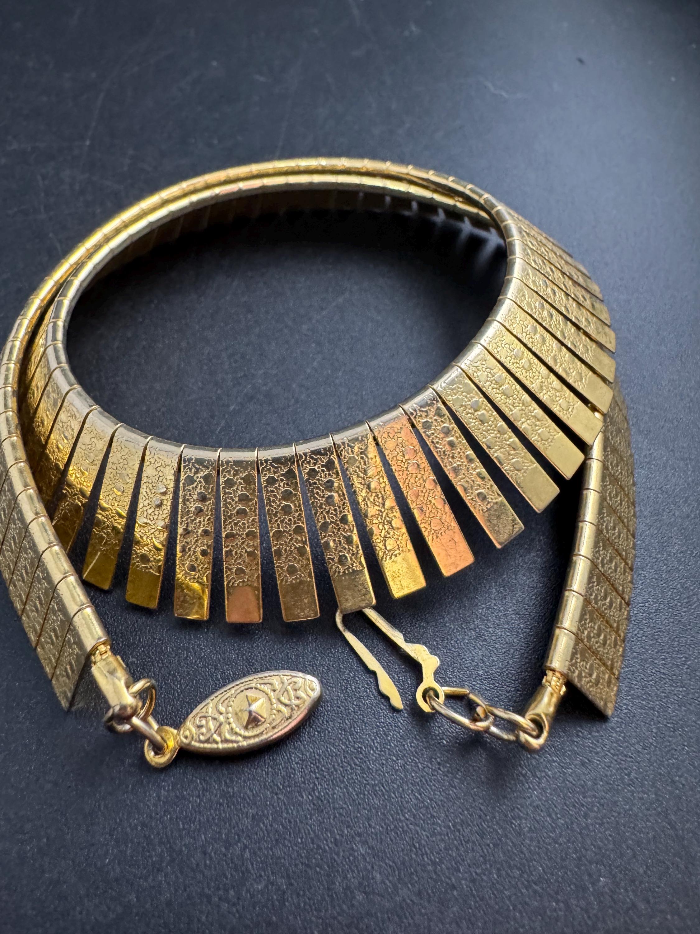 Egyptian wide gold choker necklace, cleopatra fringed style vintage