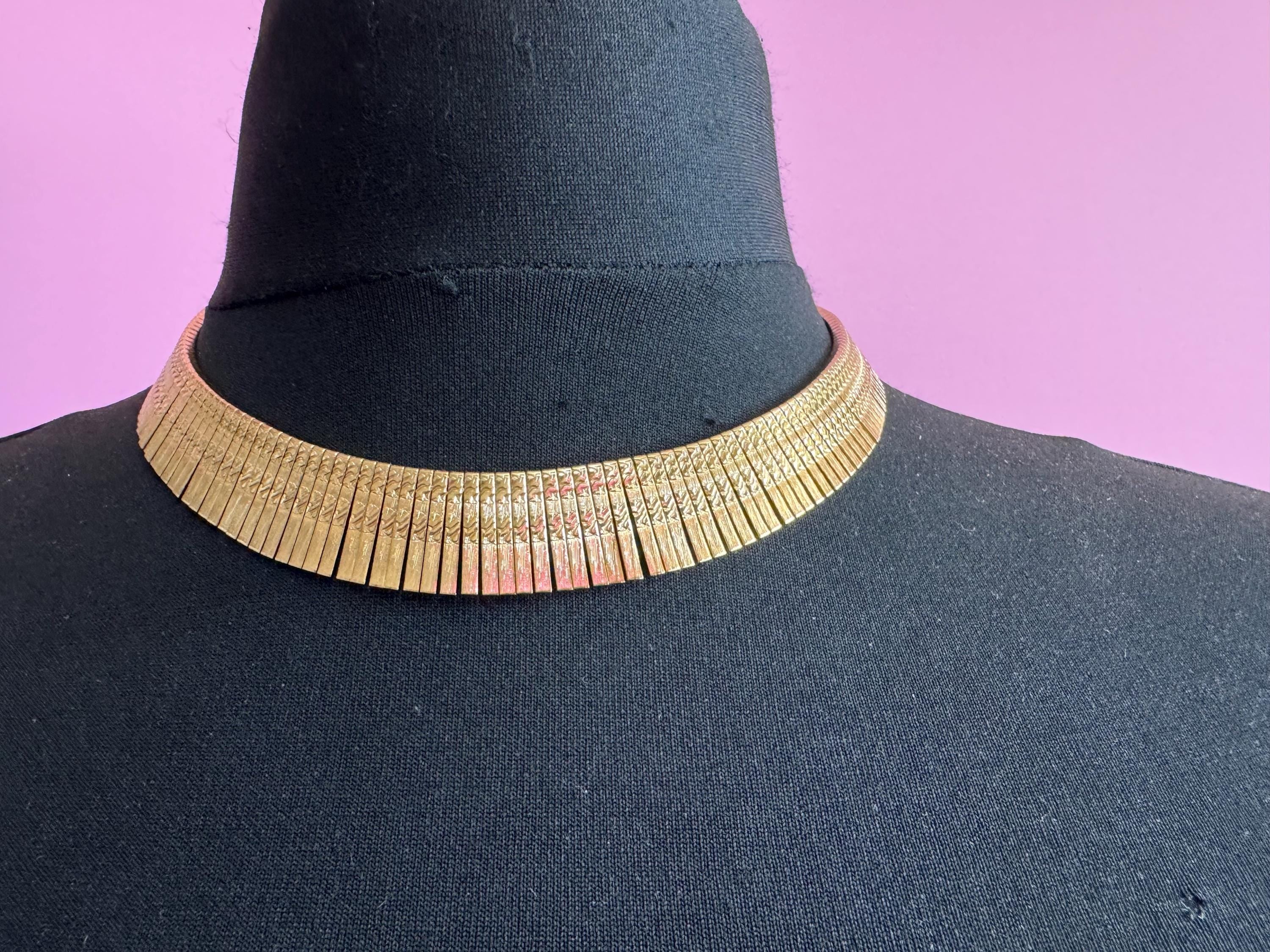 Egyptian wide gold choker necklace, cleopatra fringed style vintage