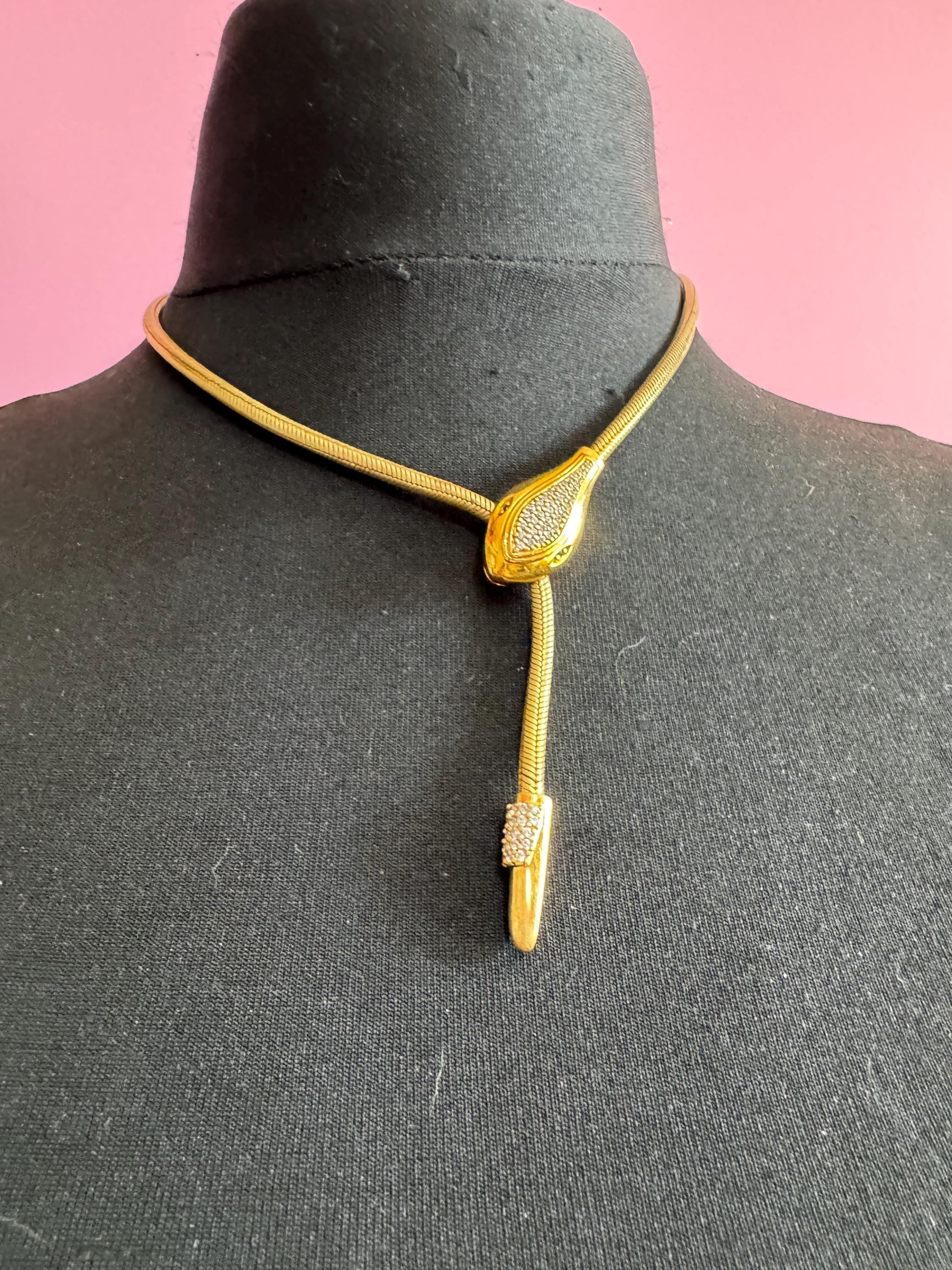 Vintage snake head chain choker, gold tone necklace by Danbury mint