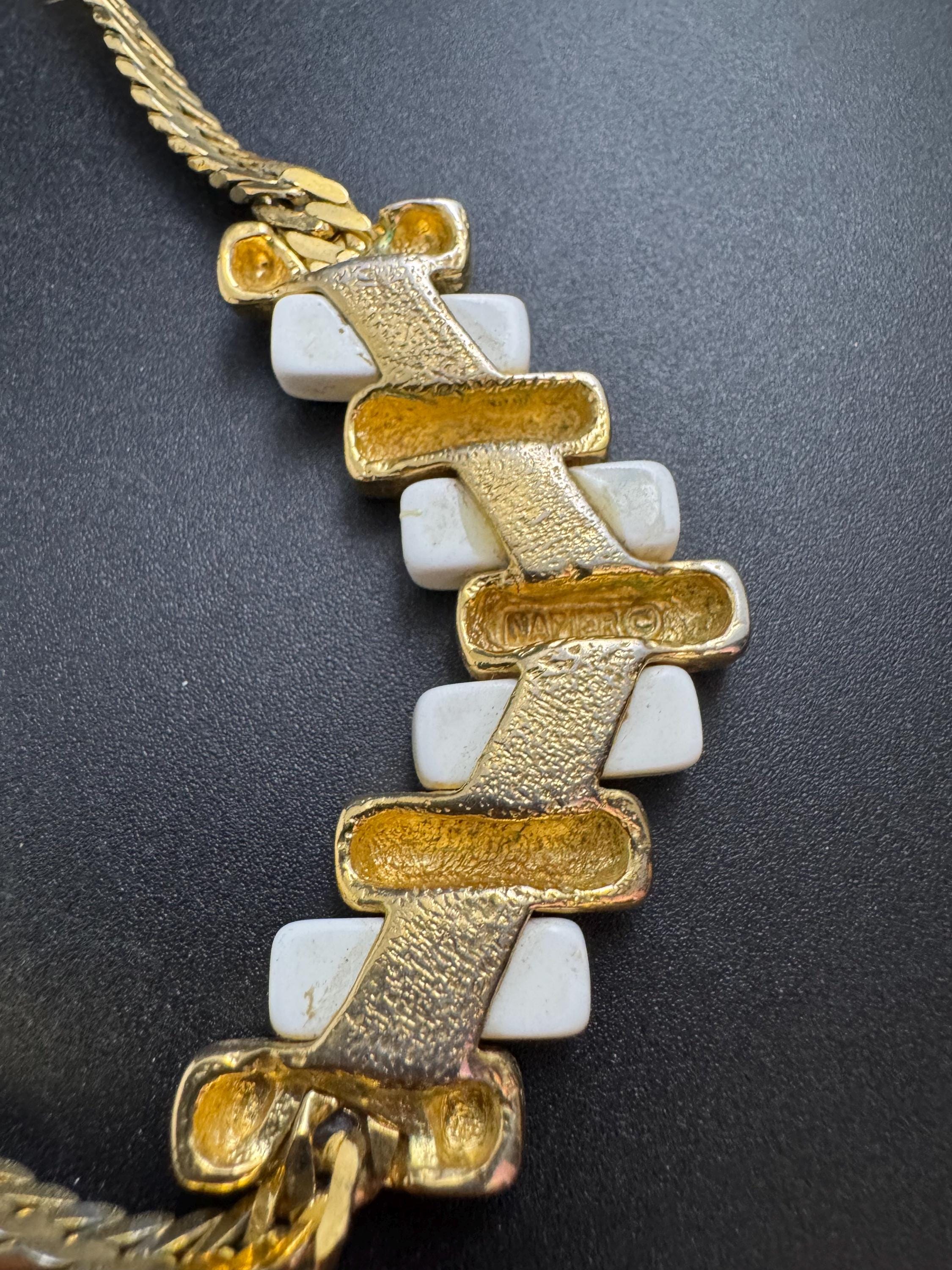 white enamel gold choker, vintage wide link panel necklace 40cm