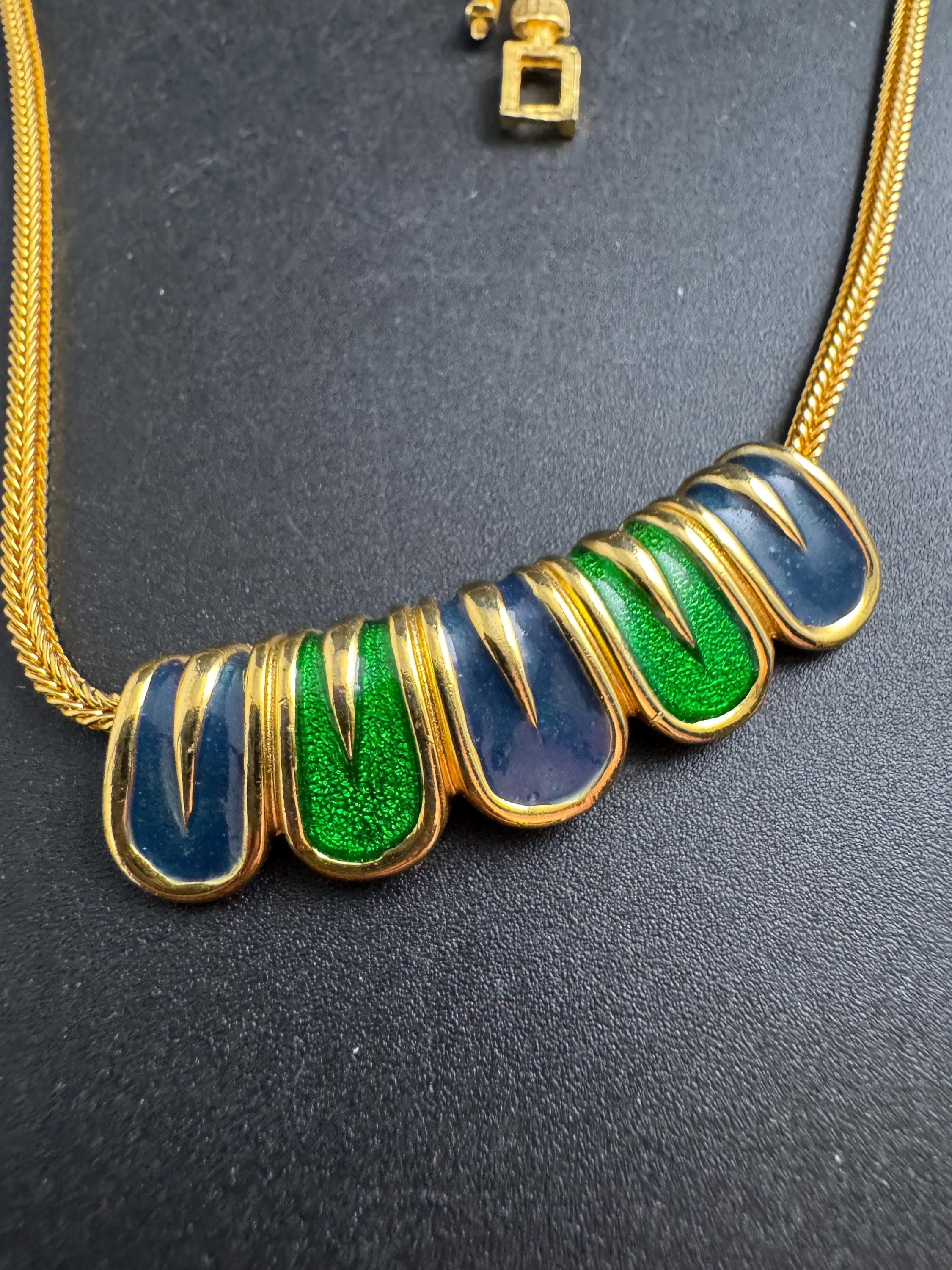 Jomaz blue and green enamel necklace, vintage signed gold chain collar