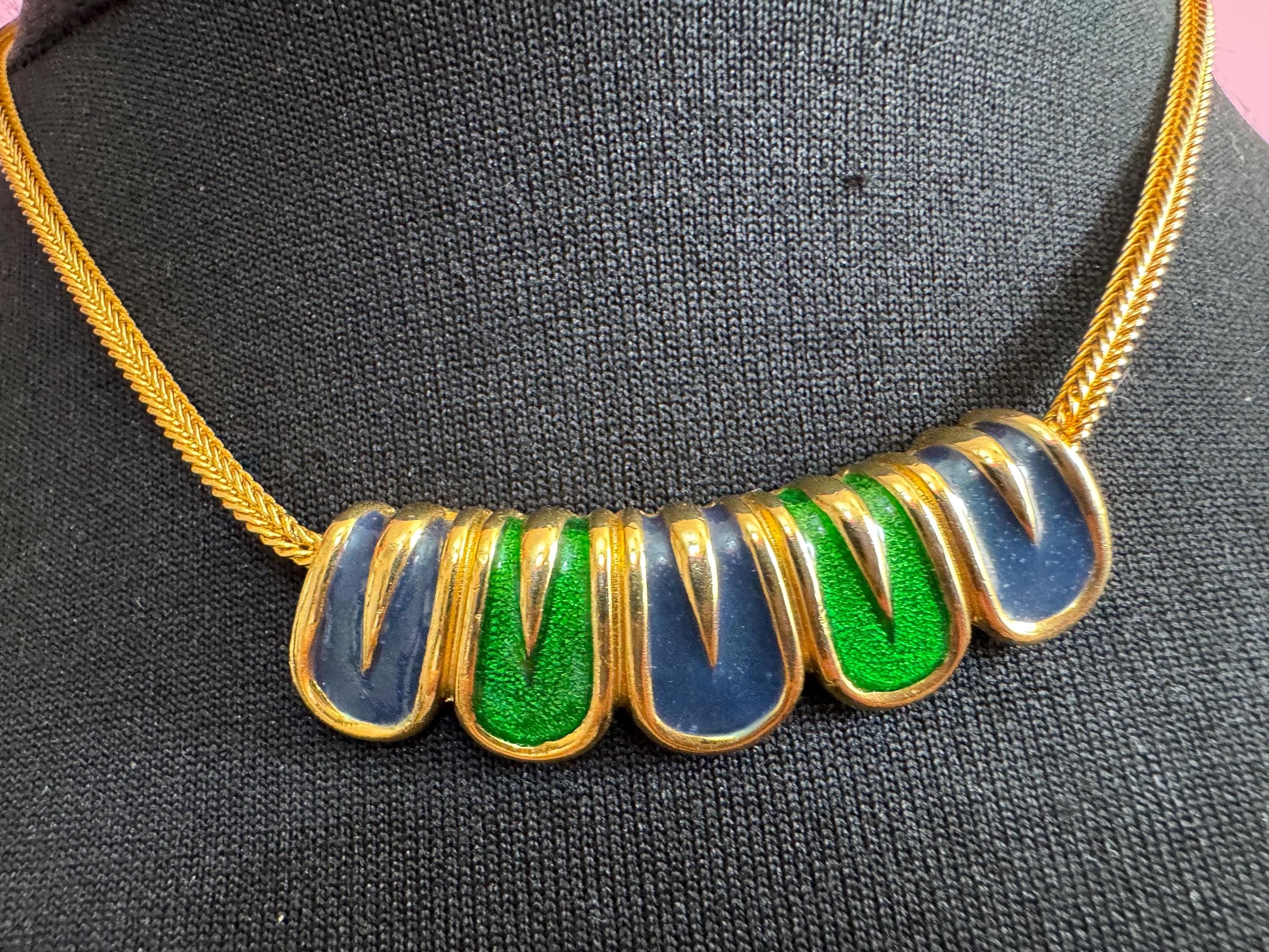 Jomaz blue and green enamel necklace, vintage signed gold chain collar