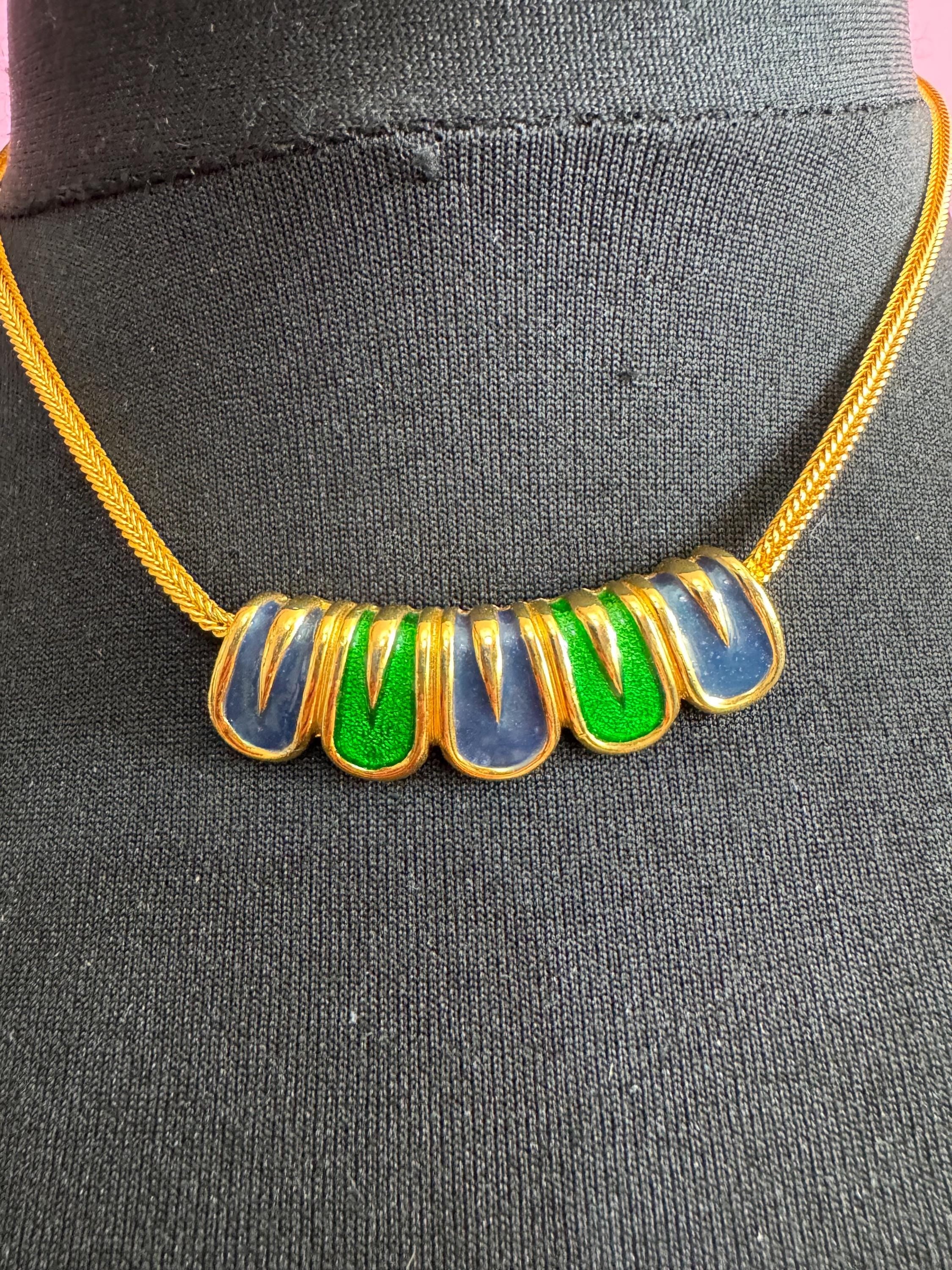 Jomaz blue and green enamel necklace, vintage signed gold chain collar