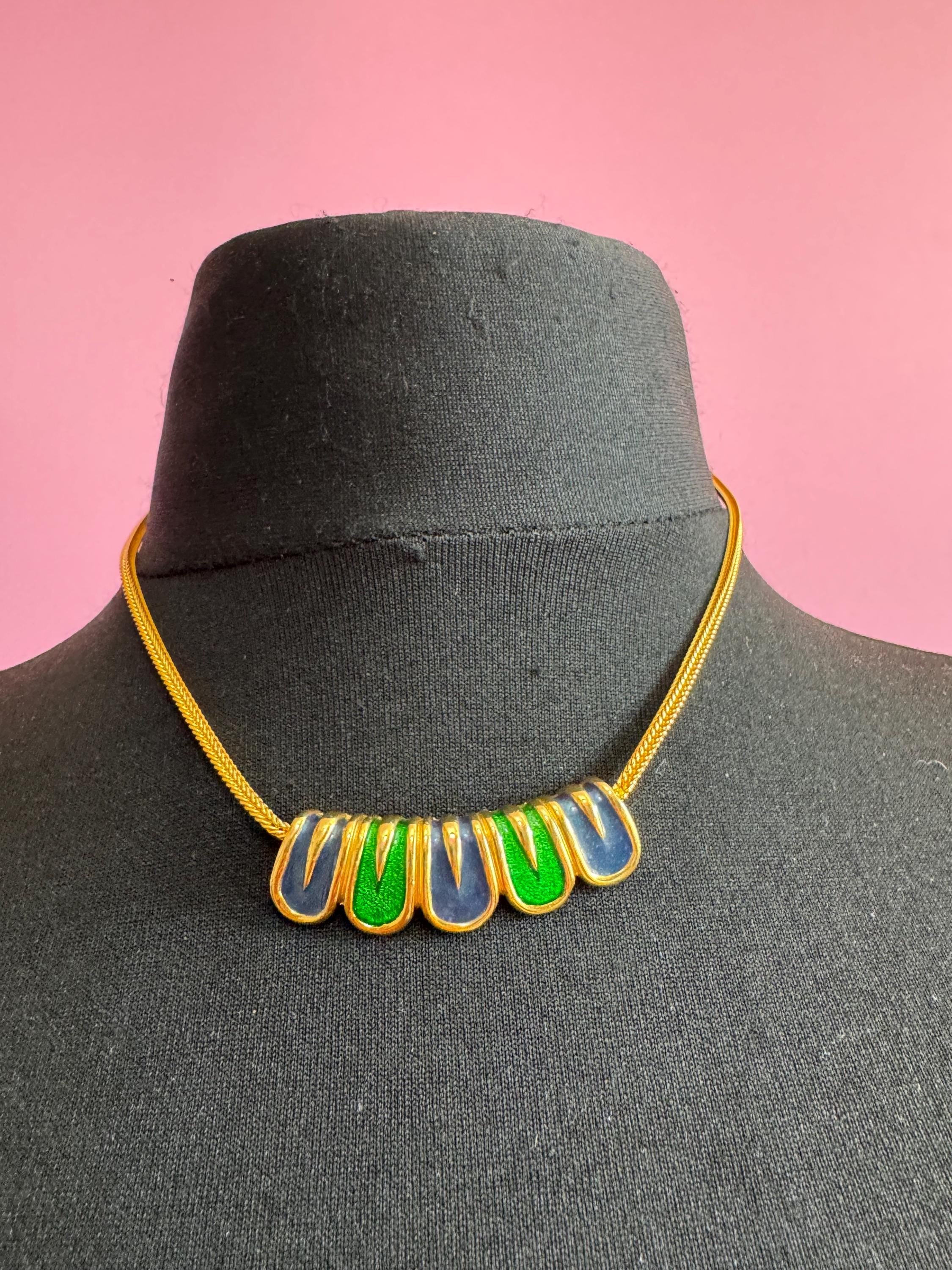 Jomaz blue and green enamel necklace, vintage signed gold chain collar
