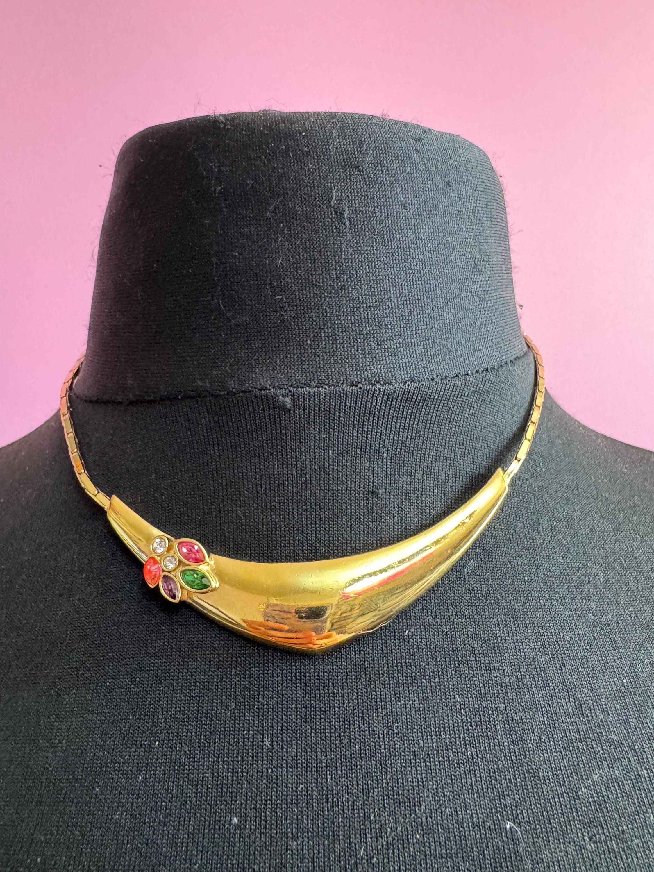 Bergdorf Goodman gold rhinestone Choker,  Signed BG necklace coloured crystals