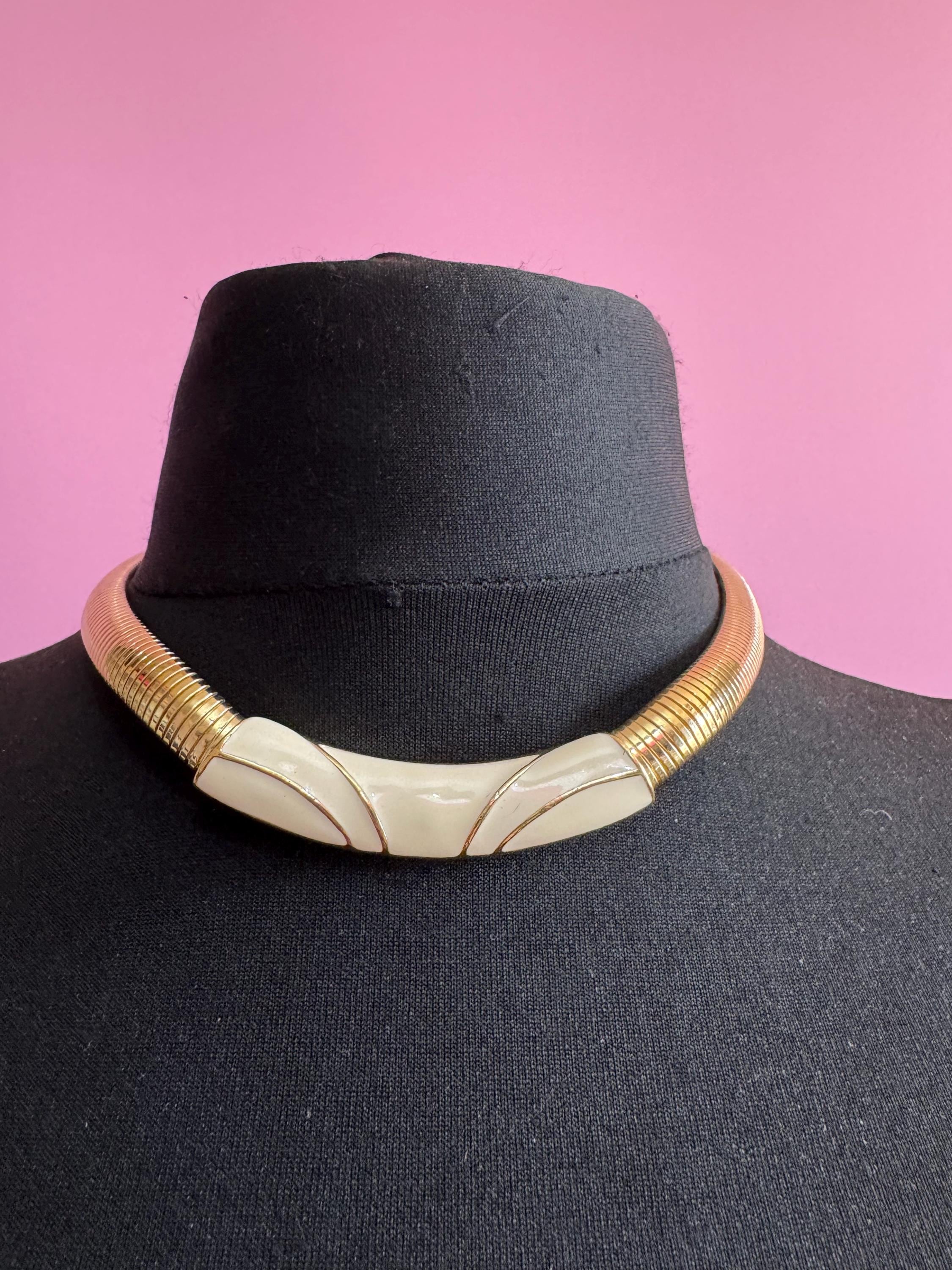 TRIFARI Cream enamel omega gold Choker, Vintage signed
